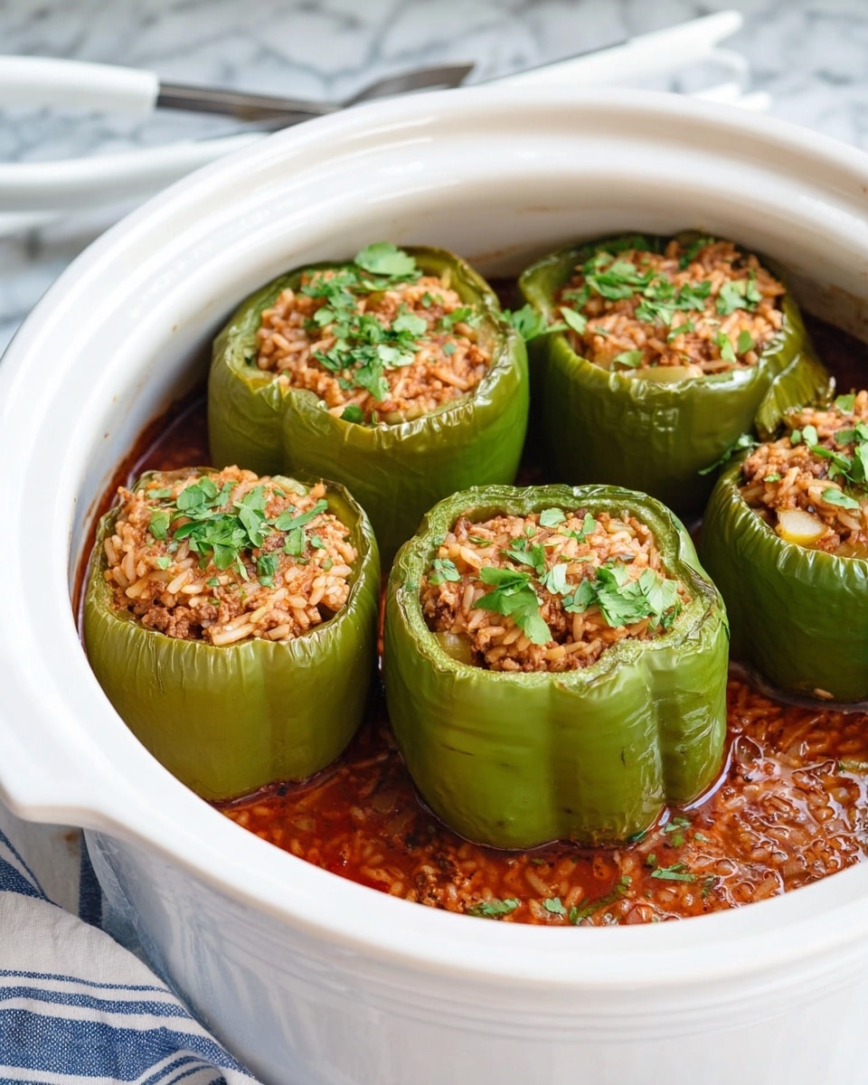 Five large green bell peppers are hollowed out and filled with a mixture of cooked rice, ground meat, and small bits of onion, topped with a sprinkle of chopped fresh green herbs. The stuffed peppers are arranged upright inside a white crockpot, sitting in a layer of rich reddish-brown tomato sauce at the bottom. The peppers have a slightly glossy texture from cooking, with the filling showing a mix of light brown, orange, and white colors. The crockpot is placed on a white marbled surface with a blue and white striped cloth and white tongs beside it. photo taken with an iphone --ar 4:5 --v 7