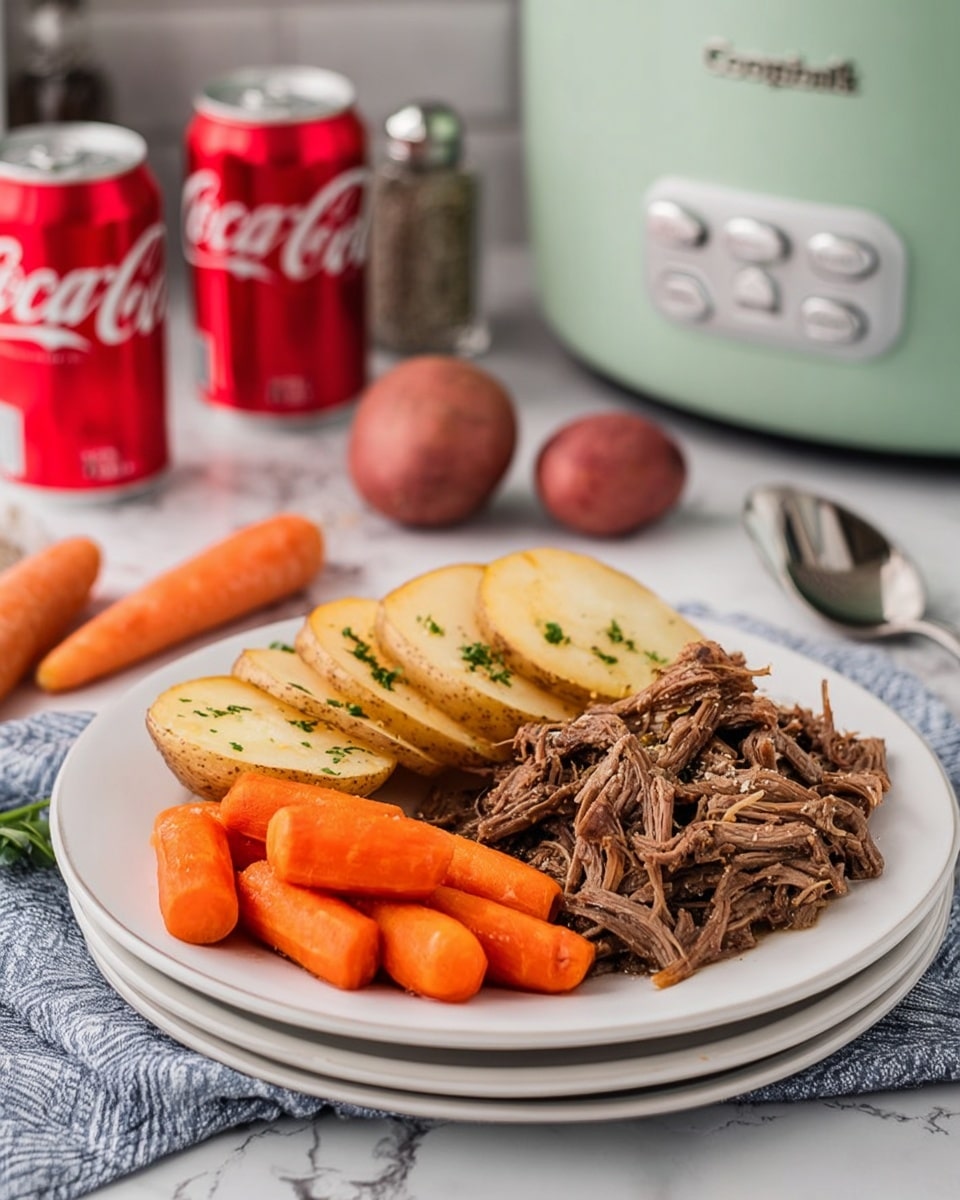 A white plate with three groups of food: on the right, a pile of shredded brown beef with visible texture and some juice; in the middle, five thick slices of roasted potatoes with golden brown edges and sprinkled green herbs; on the left, a cluster of cooked bright orange carrots with a soft texture and some herbs on top. The plate is stacked on another white plate. In the background, two red Coca-Cola cans, a few red potatoes, a single raw carrot, and a pale green crockpot with buttons are visible, along with salt and pepper shakers and a spoon resting on a blue and white cloth. The surface is a white marbled texture. photo taken with an iphone --ar 4:5 --v 7