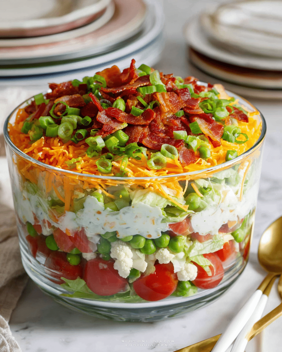 A clear glass bowl shows a seven-layer salad with distinct colorful layers starting from the bottom: green lettuce, red cherry tomato halves, green peas, white cauliflower pieces with creamy dressing above them, a thick layer of shredded orange cheddar cheese, topped with crispy bacon pieces and chopped green onions mixed with diced red tomatoes. The bowl is placed on a white marbled surface, and in the foreground, there is a gold and white fork and spoon. The background is softly blurred with plates stacked behind the bowl. photo taken with an iphone --ar 4:5 --v 7