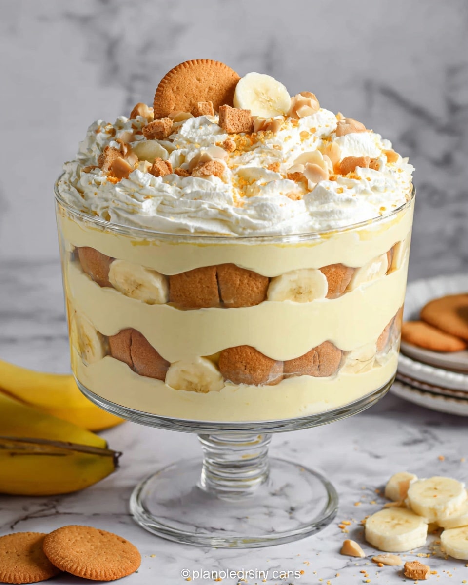 A clear glass trifle dish stands on a short stem, filled with four thick layers of creamy pale yellow pudding. Between each layer, there is a row of golden brown round cookies and light yellow banana slices. The top layer is a thick, fluffy white whipped cream scattered with broken pieces of cookies and banana slices, crowned by one whole cookie and a banana slice. The dish is set on a table with a white marbled texture, with some whole cookies and bananas nearby. Photo taken with an iphone --ar 4:5 --v 7