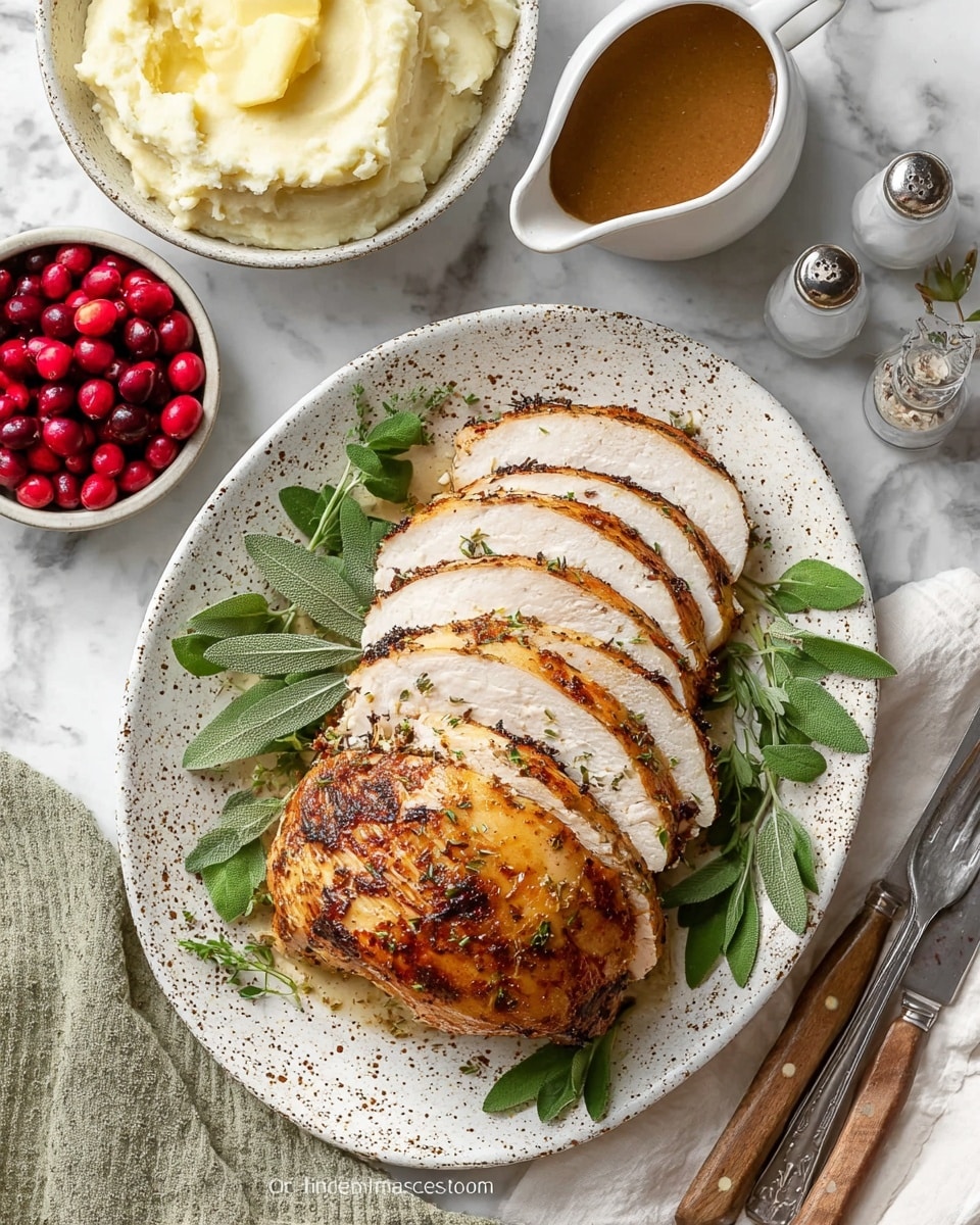The image shows a white plate with a large piece of sliced roasted turkey breast, having six slices arranged in a layered fan on the left side with visible brown seasoning crust on the edges and white tender meat inside. The turkey rests on a bed of fresh green herbs, including sage leaves and parsley, with several red cranberries scattered around for decoration. Behind the plate, there is a white bowl filled with creamy mashed potatoes and a white gravy boat containing brown gravy. The setting includes a pepper grinder and silverware with wooden handles placed at the bottom right, all on a white marbled textured surface. photo taken with an iphone --ar 4:5 --v 7