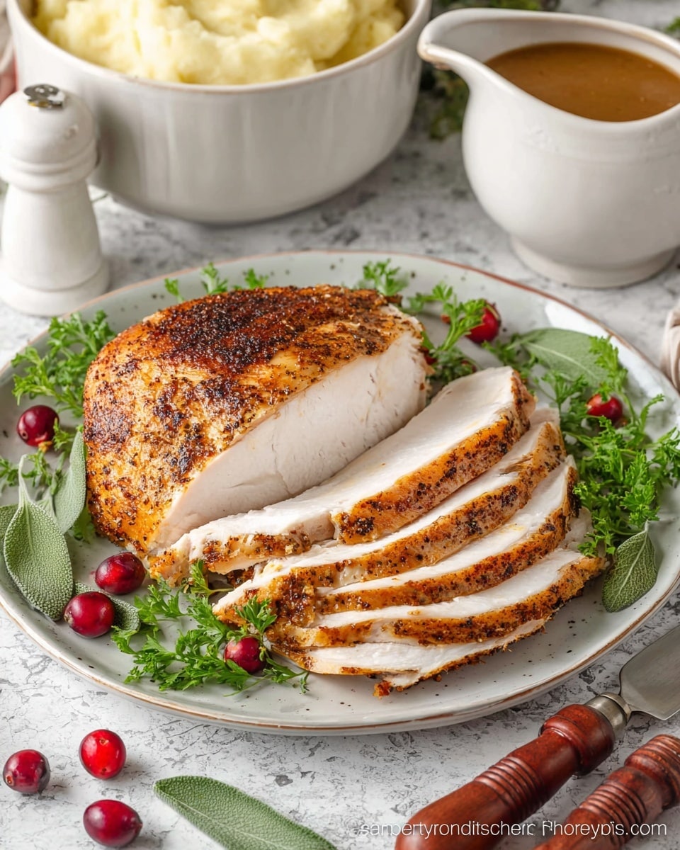 A large white speckled plate holds a golden-brown roasted turkey breast, half of it sliced into even, juicy pieces with a slightly crispy edge, arranged fanned out on the left side of the plate. Fresh green herbs, including sage and parsley, are placed around the turkey as garnish. Nearby on a white marbled surface, a bowl of creamy mashed potatoes with a small pat of melted butter is visible at the top left, and a small white bowl filled with bright red cranberries sits at the bottom left. A white gravy boat filled with brown gravy, along with clear pepper and salt shakers, are positioned at the top right. Two silver knife and fork with wood handles rest on a white cloth napkin in the bottom right corner. photo taken with an iphone --ar 4:5 --v 7