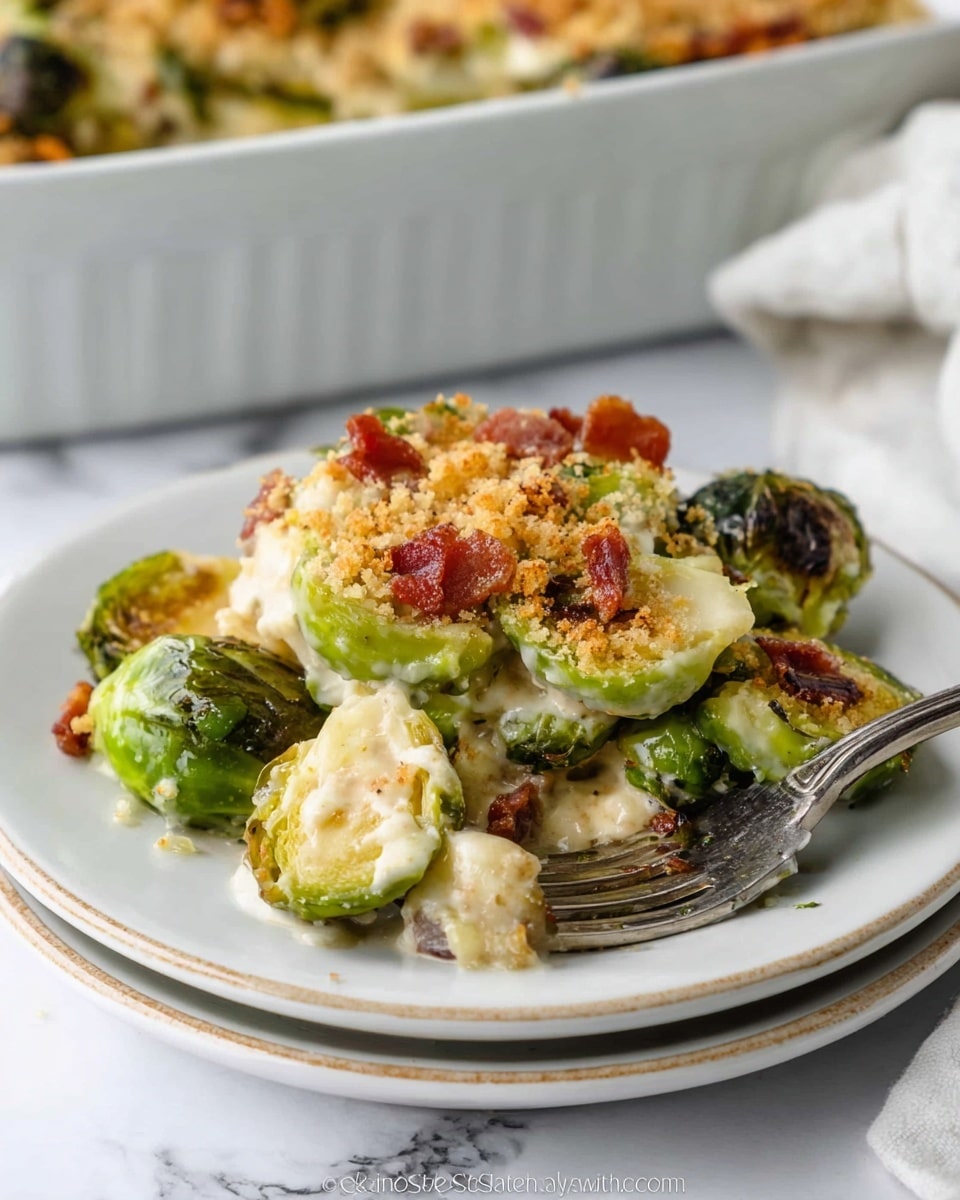 A white dish filled with a creamy baked casserole showing three visible layers: the top layer is golden brown crumbs with a crunchy texture, underneath is a thick white creamy sauce, and the bottom layer has bright green halved Brussels sprouts mixed with small pieces of red bacon. A metal spoon scoops some of the casserole, showing the soft creamy sauce and tender Brussels sprouts with slightly browned bacon. The dish sits on a white marbled surface. photo taken with an iphone --ar 4:5 --v 7