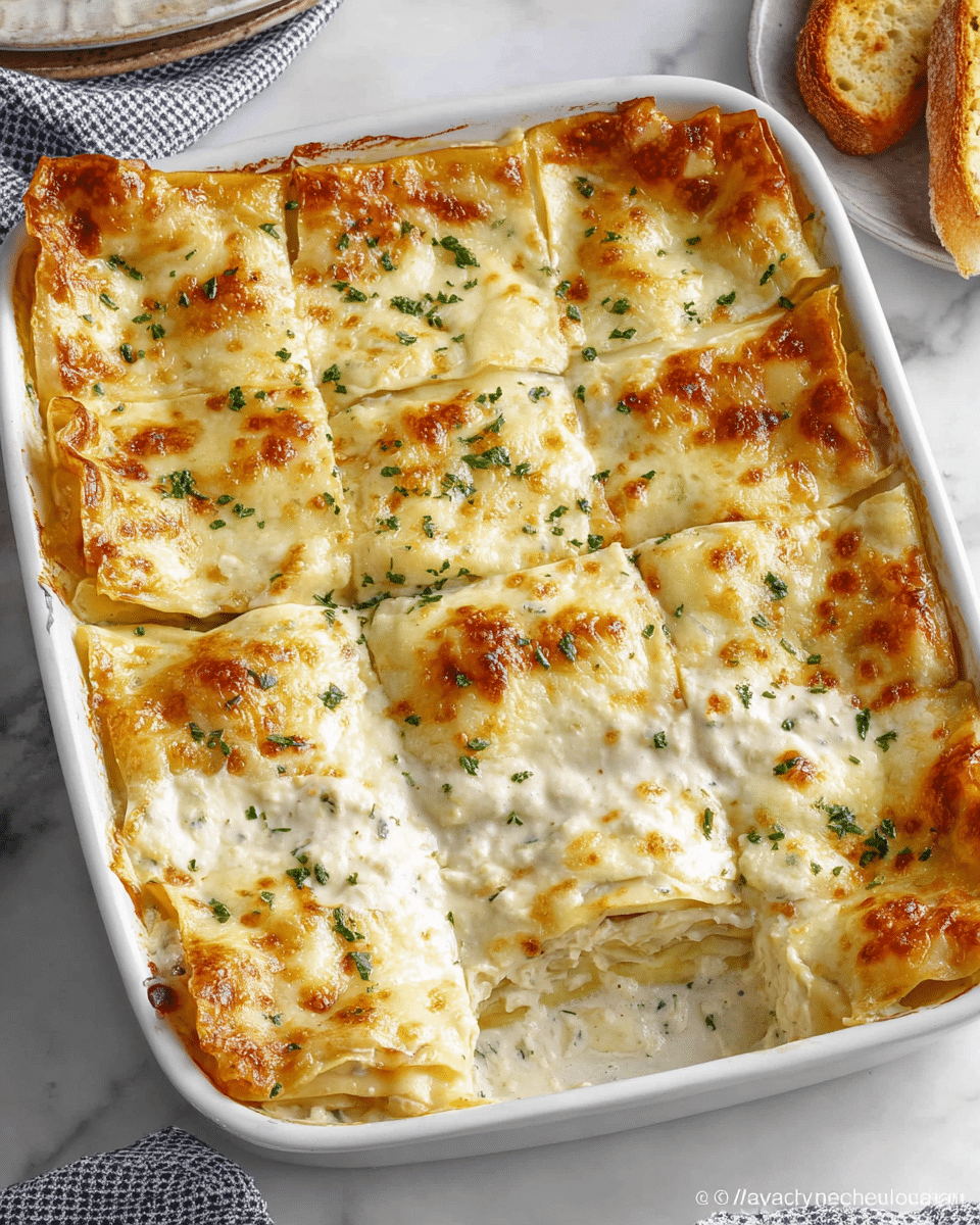 The image shows a slice of seafood lasagna on a white plate with a fork placed beside it, all set on a white marbled surface. The lasagna has three visible layers: the top layer is browned cheese with a golden crust and sprinkled with green herbs, the middle layer is creamy white sauce with chunks of shrimp, and the bottom layer appears to be a mix of melted cheese and sauce with more shrimp visible. In the background, another square piece of the same lasagna is on a similar white plate, along with slices of garlic bread topped with melted cheese and chopped herbs arranged on a white plate. The overall colors are creamy white, golden brown, and soft pinks from the shrimp, with green herbs adding a fresh touch. Photo taken with an iphone --ar 4:5 --v 7