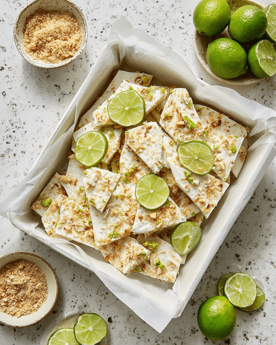 The image shows a white square baking pan lined with white parchment paper filled with broken white bark pieces studded with golden toasted coconut flakes and bits of green lime zest. Scattered on and around the bark are several bright green lime slices, adding fresh color contrast. The bark has a rough texture with small to medium-sized chunks, arranged loosely and overlapping inside the pan. Around the pan, small white bowls hold light brown crushed nuts or crumbs and whole green limes on a white marbled surface. Photo taken with an iphone --ar 4:5 --v 7
