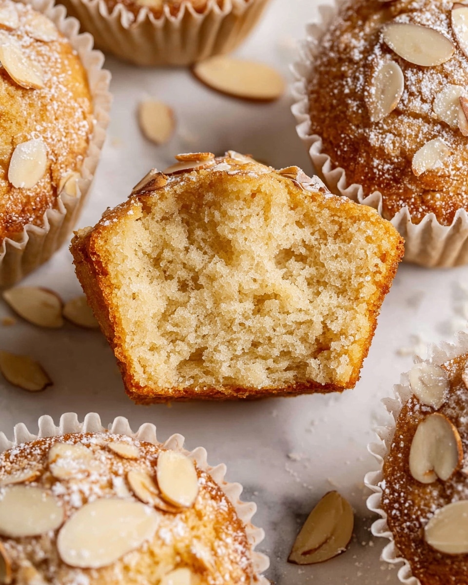 A close-up view of several golden-brown almond muffins with a soft, crumbly inside, one muffin in the center is cut in half showing its light beige, moist texture inside, all topped with thin, pale almond slices and a light dusting of white powdered sugar; the muffins are in white paper liners and placed on a white marbled surface. Photo taken with an iphone --ar 4:5 --v 7