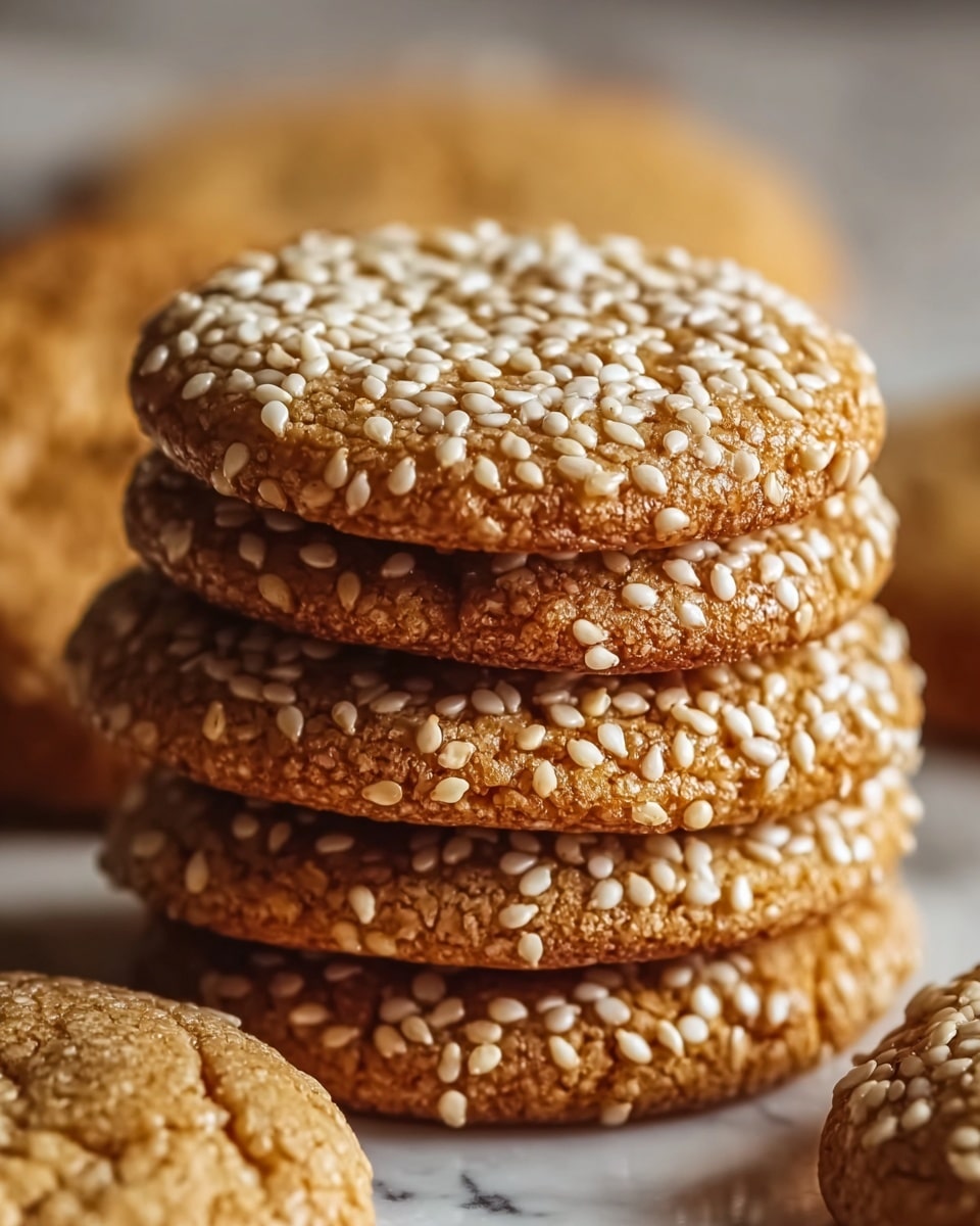 A close-up image shows a stack of four round cookies, each golden brown and topped with many small white sesame seeds. The cookies have a rough, slightly cracked surface texture and are placed directly on a white marbled surface. In the background, there are more cookies slightly out of focus, creating a warm, cozy feeling. The lighting is soft, highlighting the sesame seeds and the cookies’ texture. photo taken with an iphone --ar 4:5 --v 7