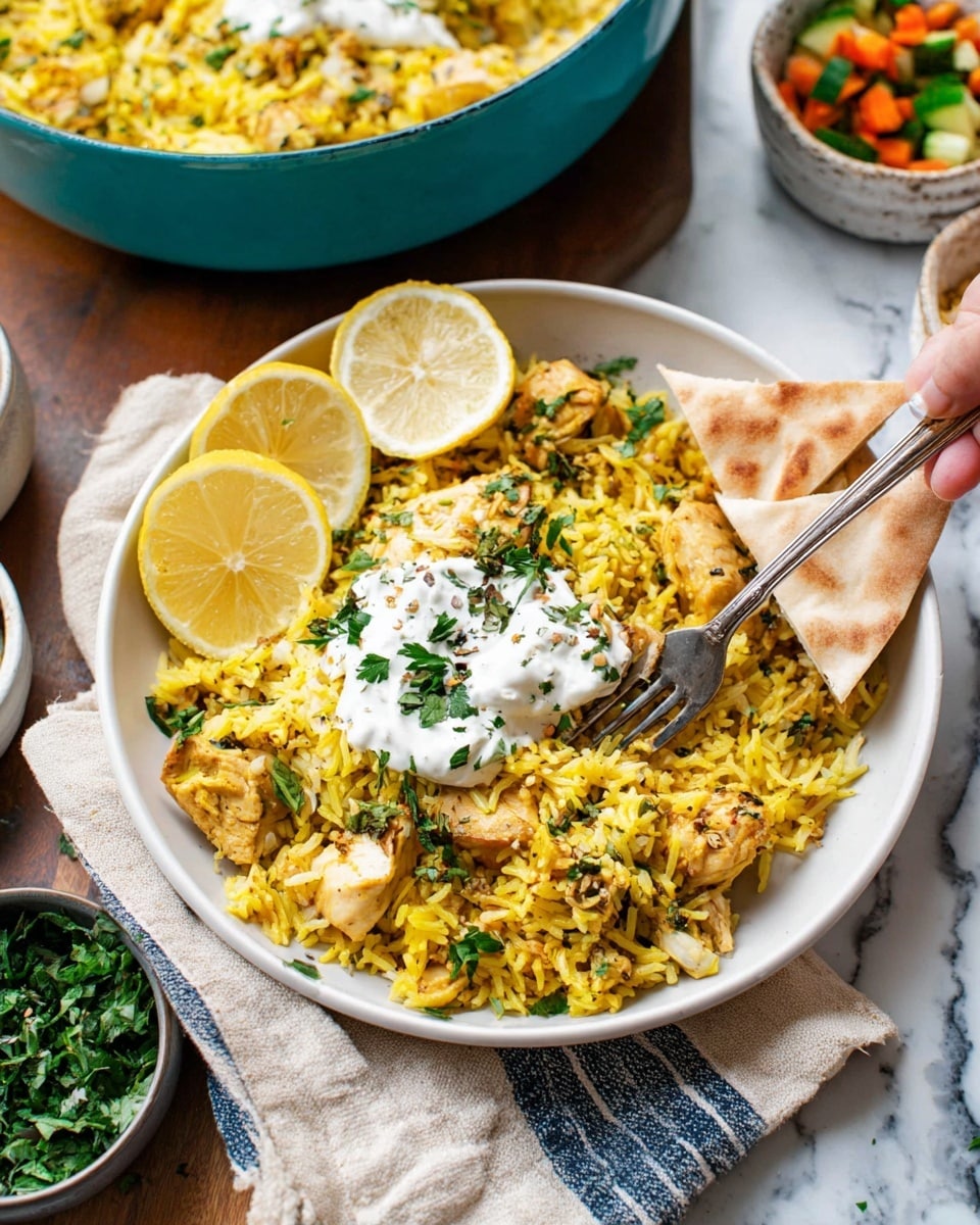 The dish shows a white deep bowl filled with yellow rice mixed with pieces of cooked chicken, topped with a dollop of white yogurt sauce and sprinkled green herbs. Three thin lemon slices are placed on one side, and two triangular pieces of flatbread rest on the top right edge of the bowl. A silver fork is placed inside the bowl, piercing some rice and chicken on the bottom right. The bowl rests on a white marbled surface with a beige cloth napkin with blue stripes on the left side. In the background, there is a turquoise pot filled with more yellow rice and garnished with lemon slices and yogurt sauce, along with small bowls filled with green herbs and other colorful vegetables. photo taken with an iphone --ar 4:5 --v 7