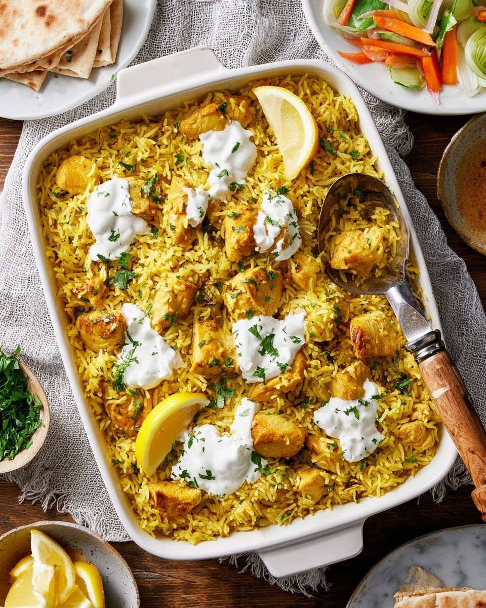 A white rectangular baking dish filled with two main layers: a base of yellow rice mixed with small cooked chicken pieces of golden brown color, topped with dollops of white creamy sauce scattered around, each dollop garnished with small green herbs and lemon wedges. The rice looks fluffy and seasoned with herbs evenly mixed throughout, while the chicken pieces are bite-sized with a slightly crispy texture. The dish is placed on a wooden table surface with a white marbled cloth partially visible underneath, alongside a plate of folded pita bread and a bowl of fresh chopped vegetables. A vintage-style serving spoon with a wooden handle scoops some rice and chicken from the dish. photo taken with an iphone --ar 4:5 --v 7