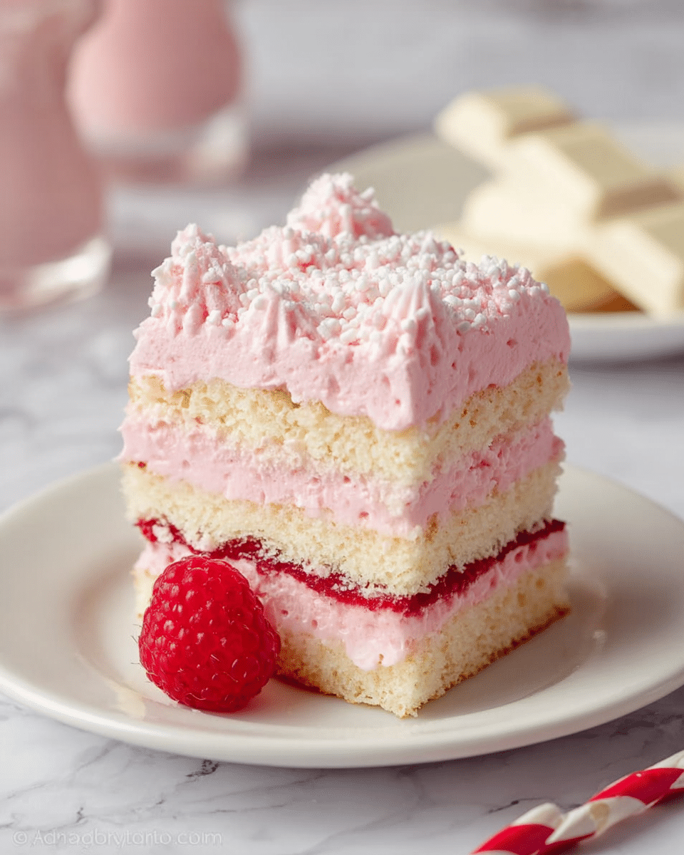 A square piece of pink layered dessert sits on a white plate. The dessert has three visible layers of light beige sponge cake separated by two thick layers of fluffy pink cream, with the middle layer showing a thin red jam line. The top layer of pink cream is textured with soft peaks and covered with fine white sprinkles. A single bright red raspberry rests at the base on the plate in front of the dessert. The background is a white marbled surface with faint pink objects blurred behind the plate, and there are two white chocolate pieces and a red and white striped straw nearby. Photo taken with an iphone --ar 4:5 --v 7
