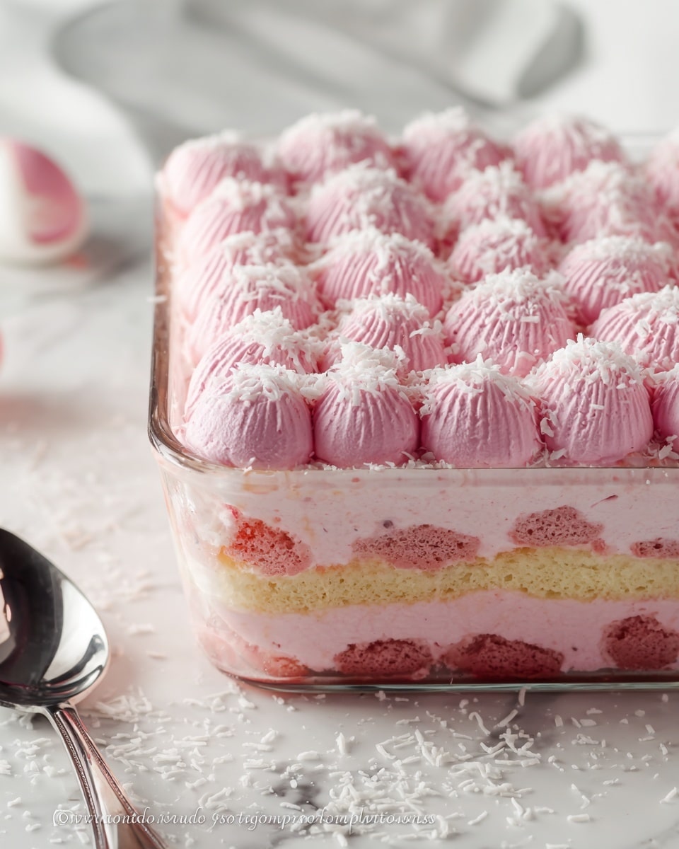 A pink layered dessert in a clear rectangular glass dish shows three visible layers, starting with a bottom layer of pink soaked cake pieces, followed by a smooth light pink cream layer, another layer of soaked cake pieces in pink, and topped with a thick, puffy pink cream layer piped in rows of rounded mounds. The top cream layer is sprinkled with fine white flakes. The dish sits on a white marbled surface with a shiny silver cake server placed nearby. Photo taken with an iphone --ar 4:5 --v 7