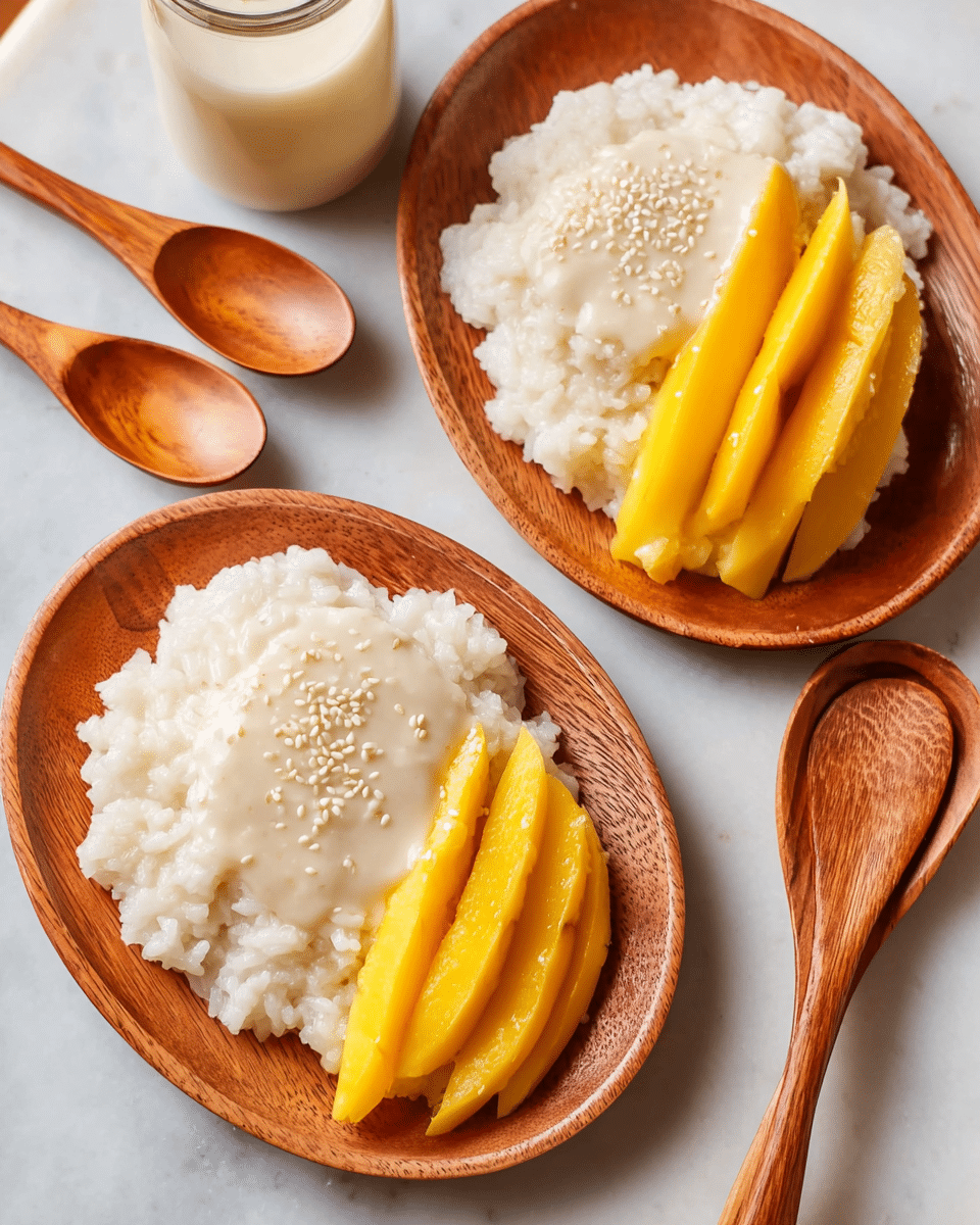 Two wooden plates each hold a serving of sticky white rice topped with a light layer of cream sauce and sprinkled with small white sesame seeds. On one side of each plate, bright yellow mango slices are neatly arranged in a row. The plates rest on a white marbled surface, surrounded by wooden spoons, and a small bottle of cream is visible in the background. The colors contrast warmly between the rich wood, soft cream, white rice, and vibrant mango. Photo taken with an iphone --ar 4:5 --v 7
