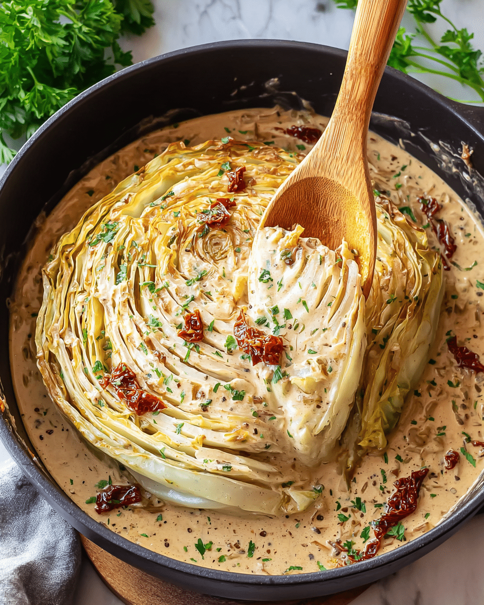 The image shows a round, layered cabbage half cooked in a creamy sauce inside a black skillet. The cabbage has many pale yellow and light green layers with a soft, slightly browned texture on top. It is garnished with small pieces of dried red tomatoes and finely chopped green herbs. The creamy sauce surrounding the cabbage is beige with specks of black pepper and herbs, covering the skillet’s bottom and sides. A wooden spoon lifts one wedge of the cabbage, revealing tender, closely packed layers inside. The skillet sits on a white marbled surface with some green leafy parsley on the side. Photo taken with an iphone --ar 4:5 --v 7