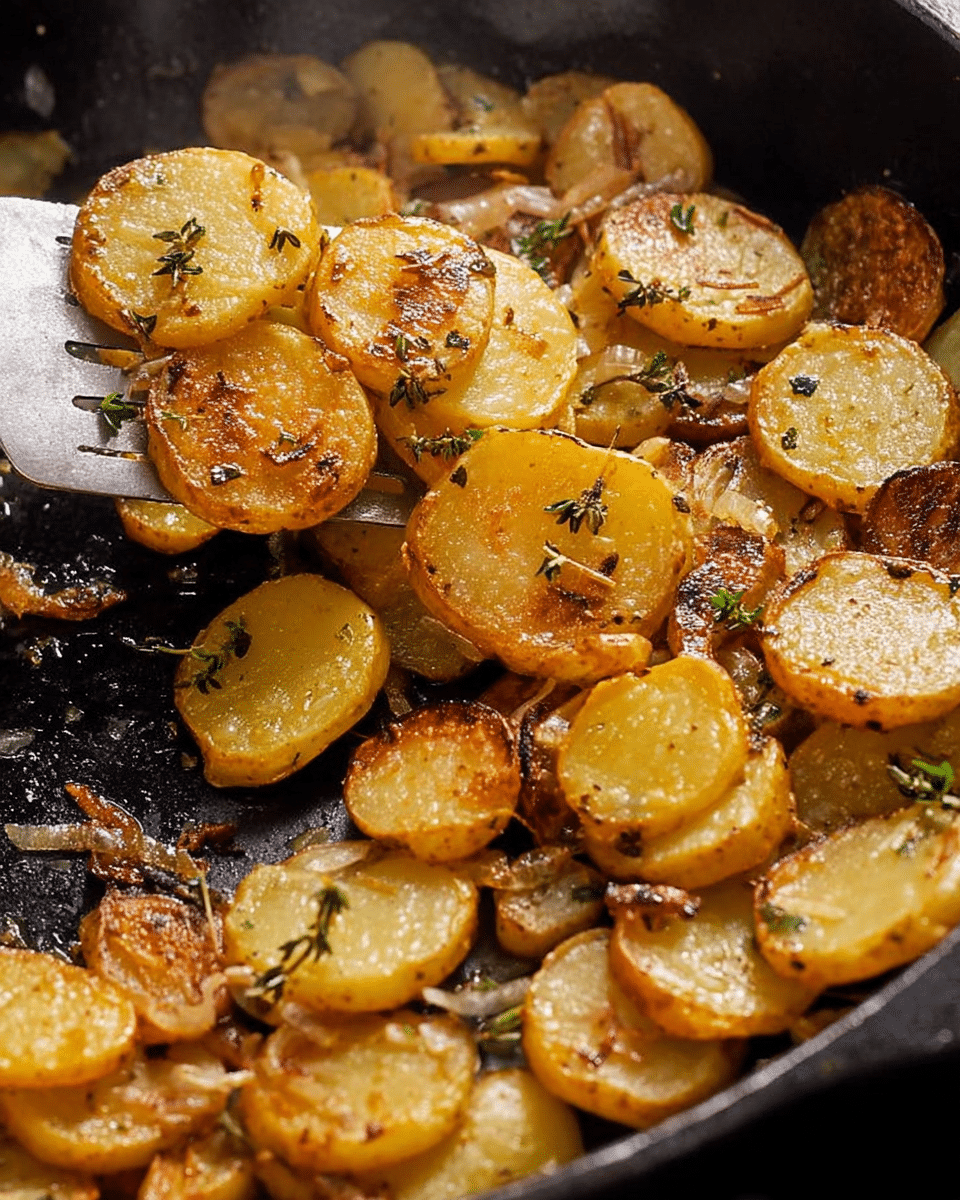 A cast iron pan filled with one layer of cooked potato slices, each slice showing a mix of golden brown and light yellow colors with crispy edges. The potatoes have a roasted texture with small black pepper and rosemary herb pieces sprinkled on top. The background is a white marbled surface. photo taken with an iphone --ar 4:5 --v 7