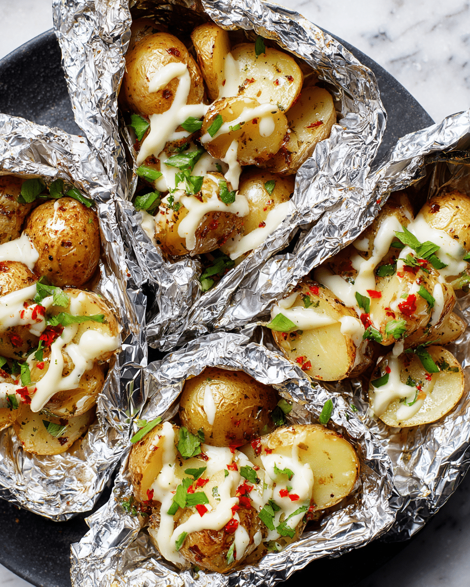 The image shows four foil packets filled with cooked baby potatoes that are lightly browned and cut into halves or quarters. Each packet has a drizzle of creamy white sauce spread unevenly on top of the potatoes. There are small green herb pieces scattered over the potatoes, along with tiny red chili flakes adding a pop of color. The foil has a shiny, crinkled texture, and the packets are placed on a white marbled surface, seen from a close-up top view. photo taken with an iphone --ar 4:5 --v 7