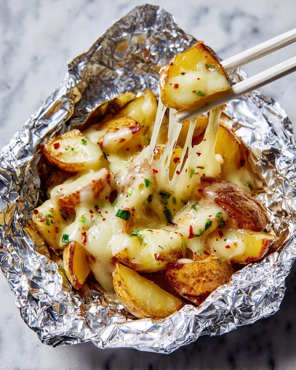 The image shows a foil cup filled with golden brown potato wedges that have a slight crispy texture on the edges. On top and between the wedges, there is melted white cheese stretching as a pair of white chopsticks lift one piece of potato, showing the gooey texture. Green herb bits and small red chili flakes are sprinkled over the potatoes and cheese for color and seasoning. The foil is crinkled and shiny around the food, placed on a white marbled surface. photo taken with an iphone --ar 4:5 --v 7