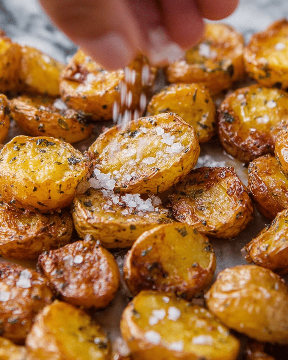 A white plate filled with a pile of roasted baby potatoes cut in half, showing layers of crispy dark brown skin and golden brown, textured insides, sprinkled with small pieces of green herbs scattered across. The potatoes have a slightly rough surface with visible seasoning and a mix of light and dark brown shades, all resting on a white marbled texture background. Photo taken with an iphone --ar 4:5 --v 7