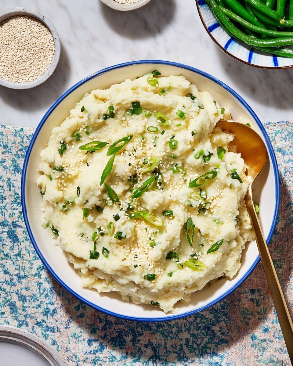 A bowl filled with creamy mashed potatoes mixed with chopped green onions, showing a rough and fluffy texture throughout. The mashed potatoes are pale yellow with small green onion pieces spread evenly inside. The top layer is sprinkled with white sesame seeds and thin green onion slices, adding a touch of color and texture. A gold spoon rests in the bowl on the right side, partly submerged in the mashed potatoes. The bowl is white with blue edges, sitting on a patterned cloth on a white marbled surface. Nearby, a small bowl filled with white sesame seeds is partially visible on the top left, and on the top right, a white bowl with blue stripes holds green beans. Photo taken with an iphone --ar 4:5 --v 7