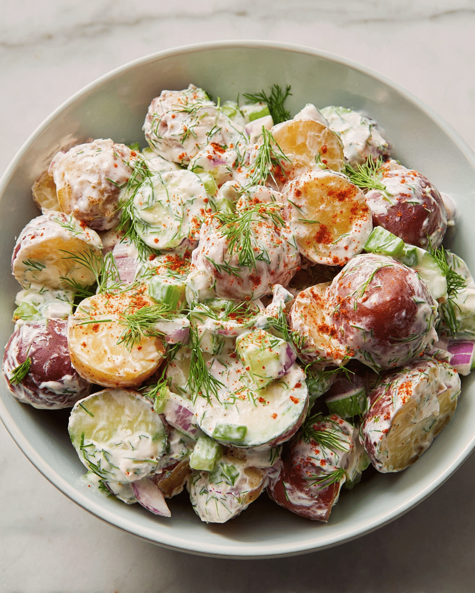 The dish shows a white bowl filled with potato salad made of halved small red and yellow potatoes covered in a creamy white dressing. The salad is mixed with small pieces of purple onion, green cucumber, and sprinkled with bright green dill leaves and a light dusting of reddish paprika. The potatoes have a soft, slightly rough skin with smooth creamy interiors visible. The bowl sits on a white marbled surface photo taken with an iphone --ar 4:5 --v 7