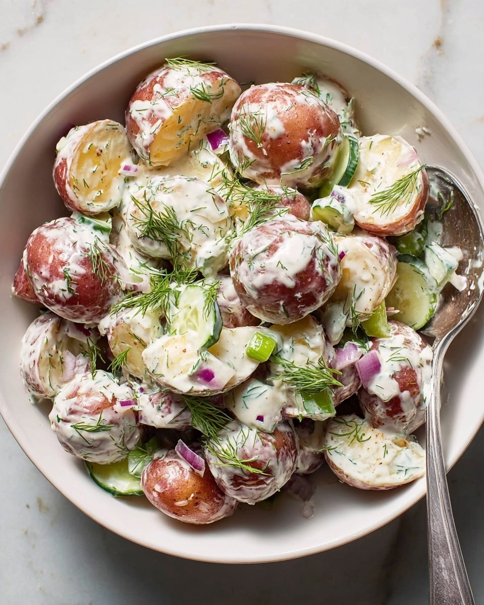 The image shows a bowl filled with baby red potatoes that are halved and mixed with a creamy white sauce. Small pieces of green cucumber and purple onion are scattered among the potatoes, with fresh green dill sprigs sprinkled on top. The potatoes have a smooth, slightly glossy reddish skin, and the sauce looks thick and rich, coating each piece well. There is a silver spoon resting inside the bowl on the right side, with some sauce and vegetable bits on it. The bowl is white, and it sits on a white marbled surface. photo taken with an iphone --ar 4:5 --v 7