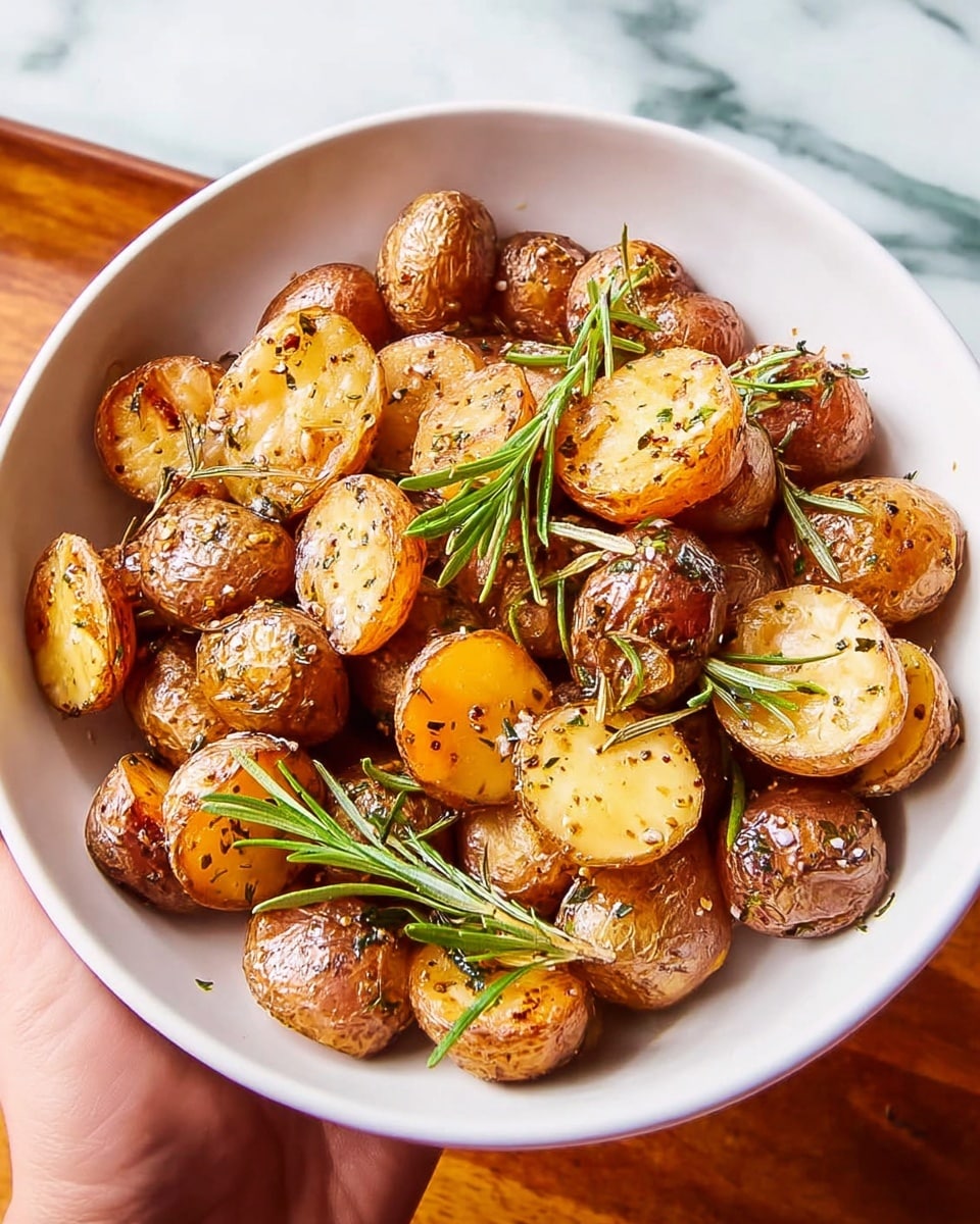 A white bowl filled with roasted small potatoes, some cut into halves showing a golden brown, crispy surface with herbs and seasoning sprinkled on top, and others whole with a light brown skin. Bright green sprigs of rosemary are placed on top and mixed within the potatoes. The bowl is held by a woman's hand, and the background shows a white marbled surface. The potatoes look warm and slightly shiny with oil, showing a textured, rustic finish. photo taken with an iphone --ar 4:5 --v 7