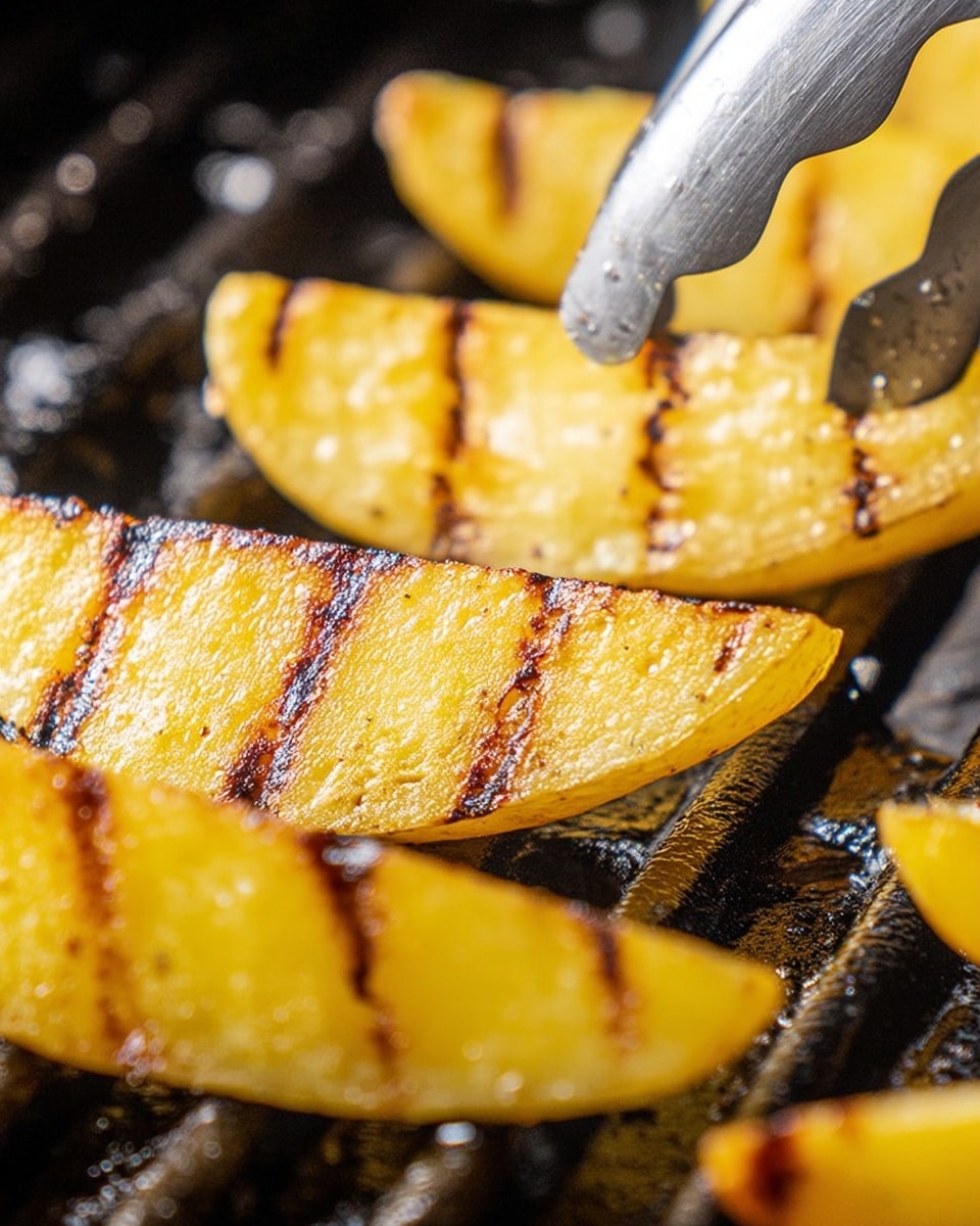 The image shows thick yellow potato wedges with dark brown grill marks on their surface, arranged closely on a black grill. The edges of the wedges are slightly crispy and golden, while the inner part looks soft and tender. In the background, there are shiny silver metal tongs gripping one of the potato wedges. The overall setting has a close-up and warm look, with a focus on the texture of the grilled potatoes and the metal tongs. photo taken with an iphone --ar 4:5 --v 7