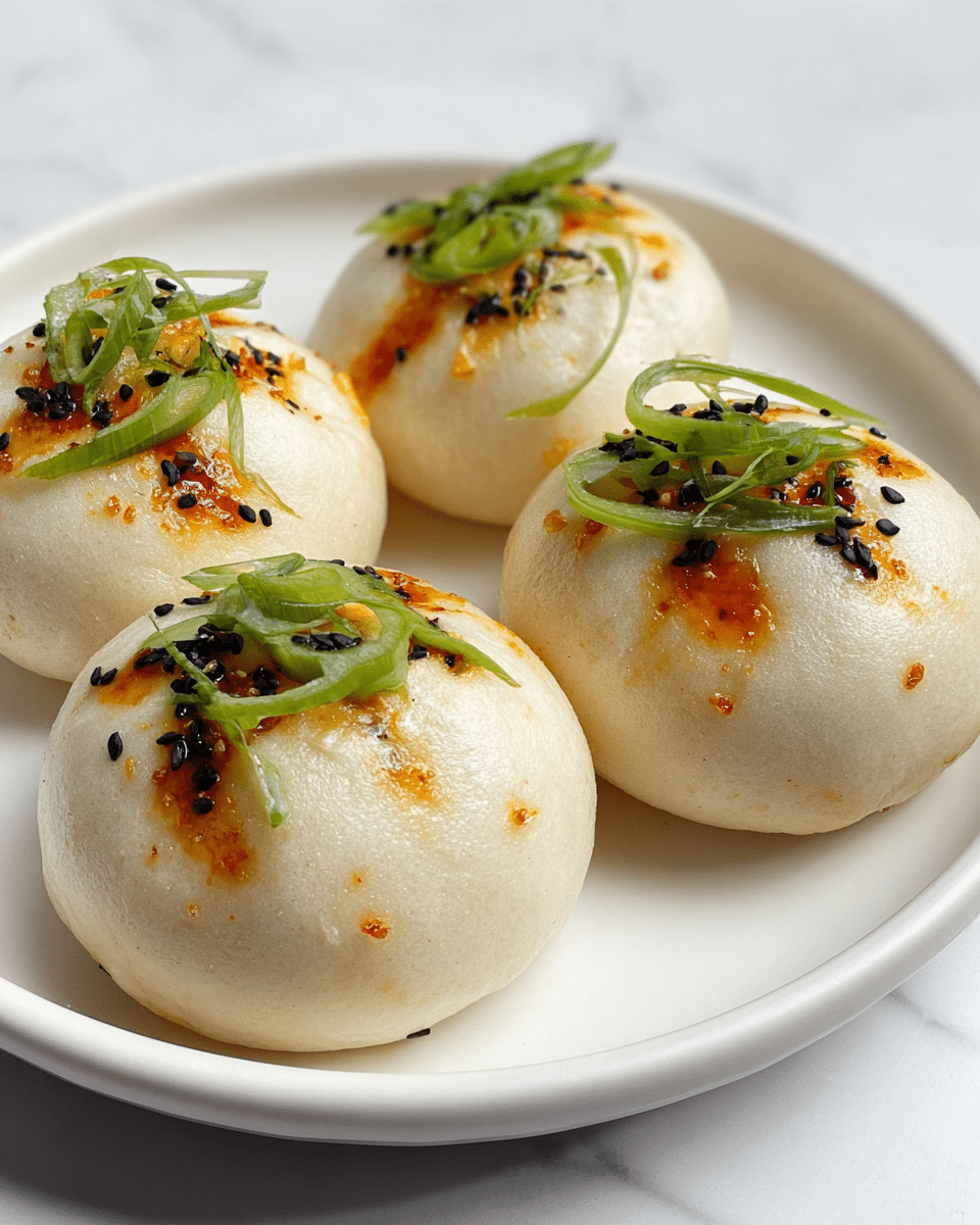 Four round, soft steamed buns with a smooth, pale beige surface sit on a white plate. Each bun is topped with thin slices of bright green spring onion, small black sesame seeds, and small drops and streaks of orange chili oil. The buns look fluffy and slightly shiny, with a few small golden-brown spots near the chili oil areas. The plate rests on a white marbled surface. photo taken with an iphone --ar 4:5 --v 7