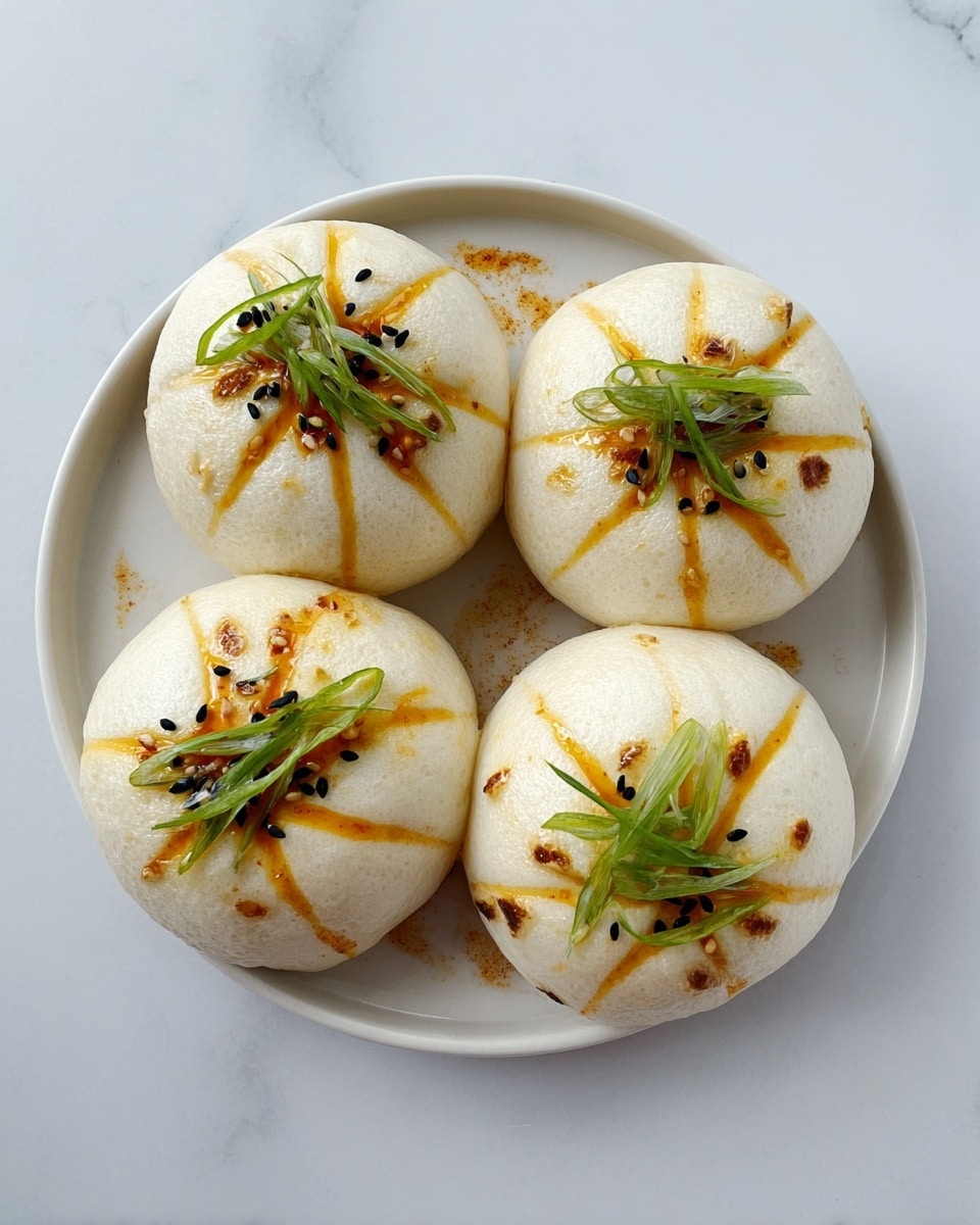 Four round, soft white steamed buns sit on a white plate. Each bun has light orange sauce drizzled in a cross pattern on top. On the center of each bun, there are thin green slices of scallion with small black sesame seeds sprinkled around the scallion and on the buns. The buns have a smooth, slightly shiny surface with a few small browned spots. The plate is set on a white marbled surface. photo taken with an iphone --ar 4:5 --v 7