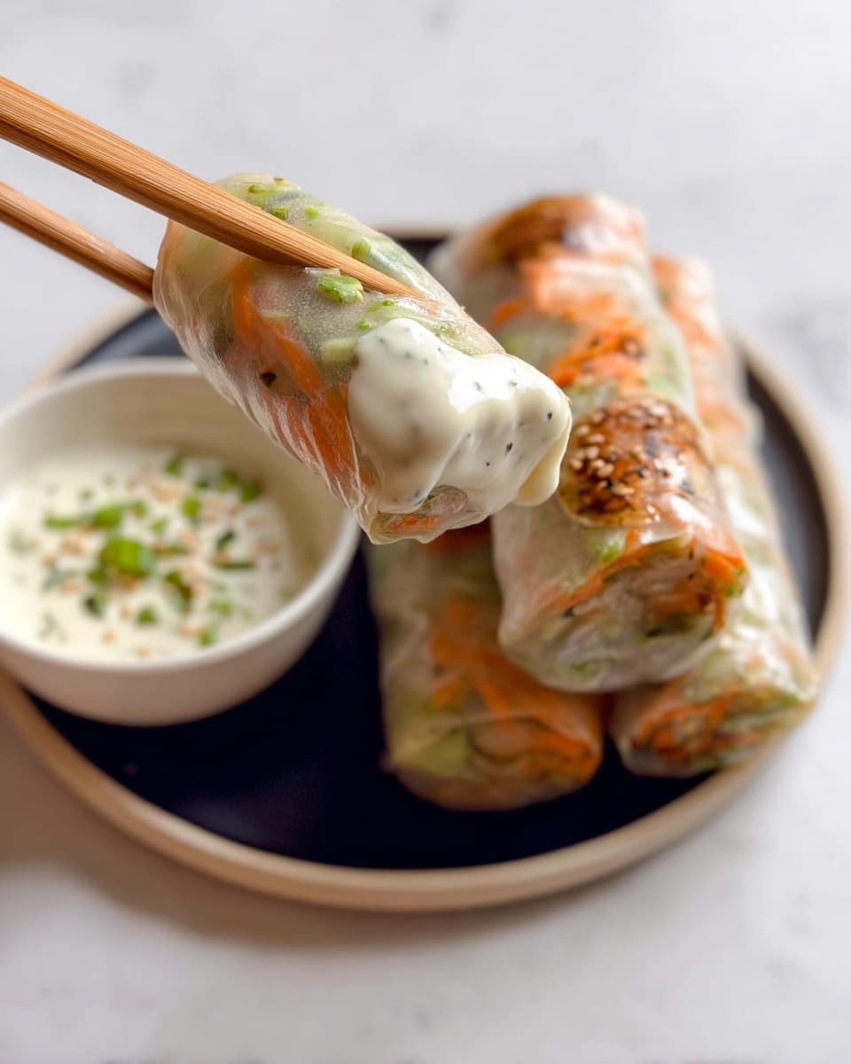 A pair of woman's hands are pulling apart a golden-brown fried roll stuffed with melted cheese that stretches in long strings between the two halves. The rolls have a crispy, slightly shiny outer layer with visible green herbs inside. Four more rolls rest on a round white plate with a smooth surface. In the background, there is a small round white bowl filled with smooth, creamy white dipping sauce placed on a white marbled texture. The scene is bright and close-up, showing the cheese pull in detail. photo taken with an iphone --ar 4:5 --v 7