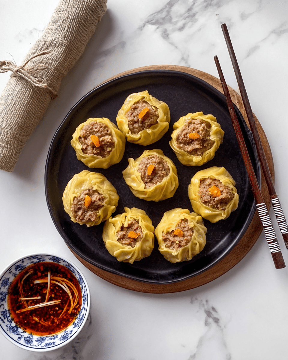 Seven yellowish steamed dumplings with slightly wrinkled edges and a filling of brownish minced meat topped with small orange bits are arranged in a circle on a round black plate. Two dark brown wooden chopsticks with white striped ends rest on the upper right edge of the plate. Below the plate, there is a small white bowl with blue patterns filled with red chili oil and garnished with thin white strips. A beige rolled-up cloth tied with a string is placed diagonally on the top left corner. The scene is set on a white marbled surface. Photo taken with an iphone --ar 4:5 --v 7