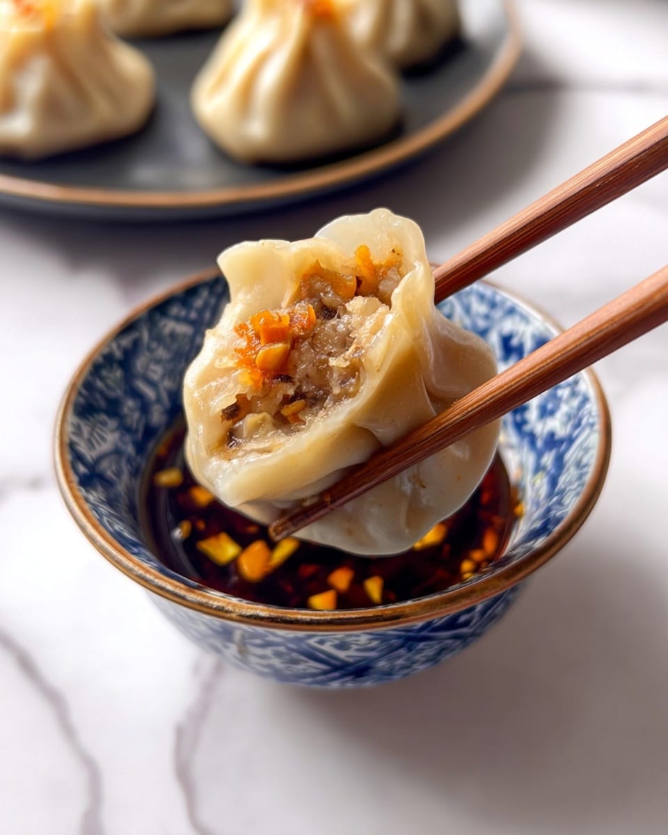 A close-up view of a dumpling held by wooden chopsticks, showing its soft, light beige wrapper folded around a savory filling with small bits of orange topping on top. The dumpling is being dipped into a blue and white patterned bowl filled with dark red sauce that has small yellow and light brown pieces floating in it. In the blurred background, there is a dark plate with two more similar dumplings. Everything is placed on a white marbled surface. Photo taken with an iphone --ar 4:5 --v 7