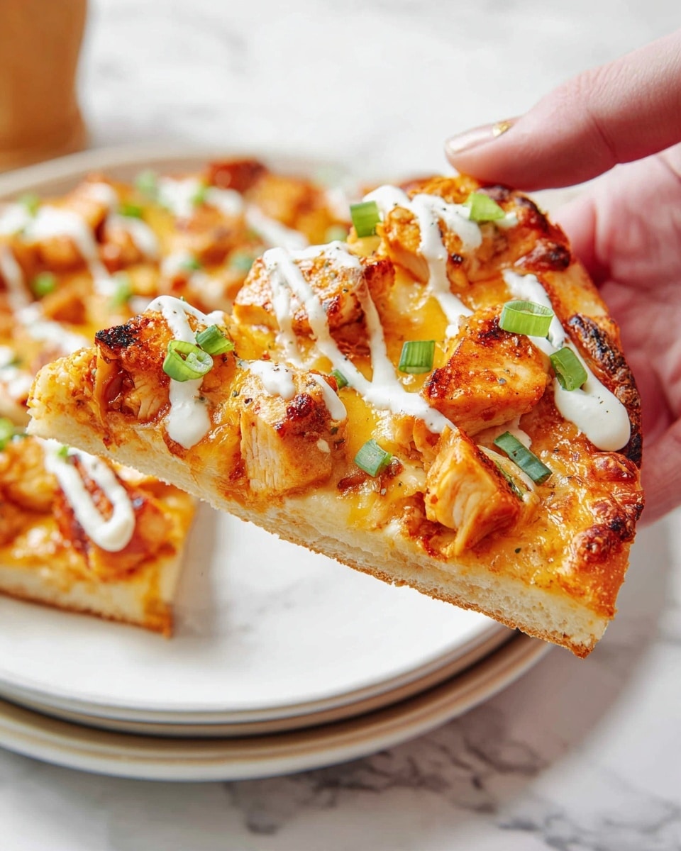 A slice of pizza is held by a woman's hand above a stack of two white plates on a white marbled surface. The pizza has one visible layer of a golden-baked crust topped with melted orange cheese, large chunks of grilled chicken with a slightly browned surface, chopped green onions scattered across, and thin white drizzle lines of creamy sauce running vertically. The edges of the crust are lightly browned and chewy-looking, with the cheese slightly bubbly and browned near the edges. The photo is bright and crisp, showing texture details in the toppings clearly. Photo taken with an iphone --ar 4:5 --v 7