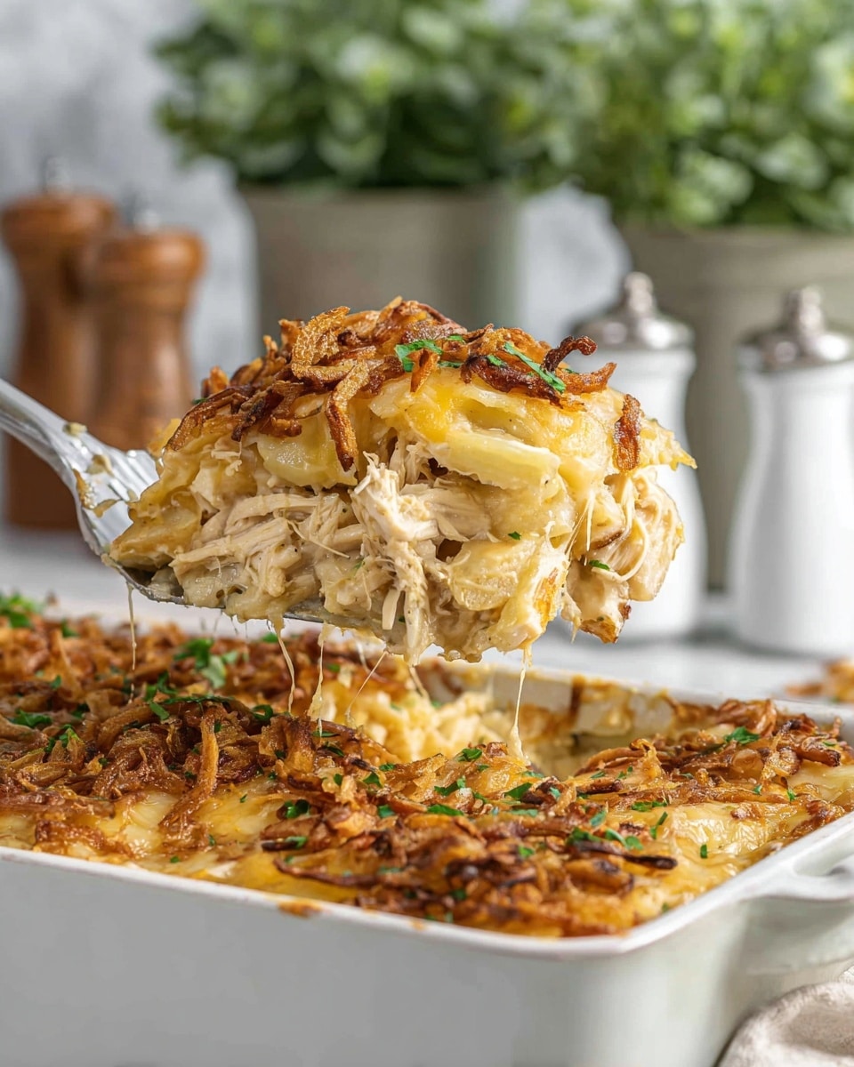 A close-up of a thick slice of casserole being lifted by a silver spatula above a white baking dish, showing multiple layers: a creamy light beige base with shredded chicken, chunks of light yellow potatoes, and a top layer of melted golden cheese with browned crispy fried onions scattered. Small green herb bits are sprinkled on top, adding a fresh touch. The dish sits on a white marbled texture, with a blurred background of green potted plants and white salt and pepper shakers. photo taken with an iphone --ar 4:5 --v 7