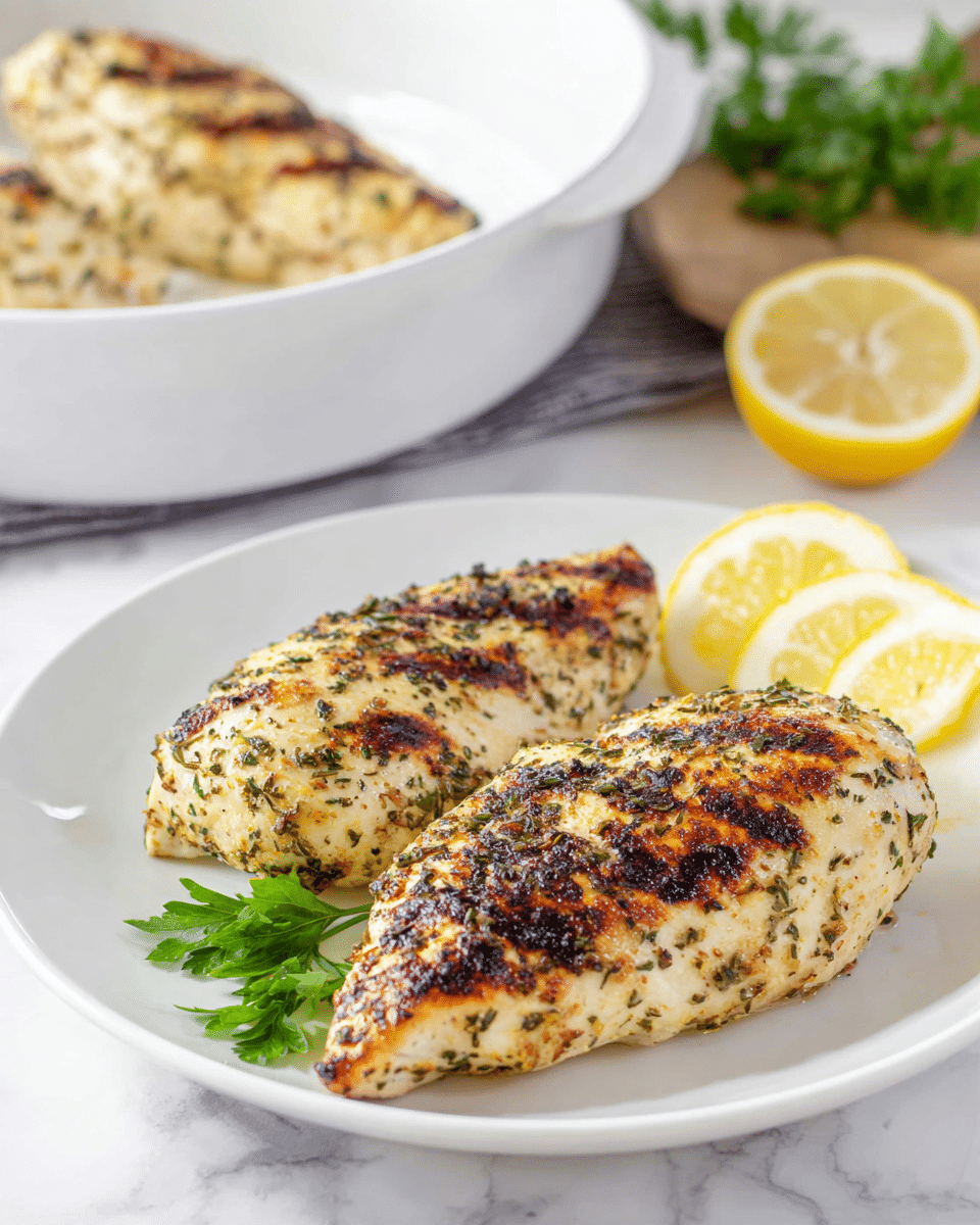 The image shows three grilled chicken breasts placed on a white plate with a white marbled texture in the background. Each chicken breast has a lightly charred golden-brown surface with visible grill marks and a sprinkle of black pepper and herb seasoning. Bright green parsley pieces are scattered over the chicken and plate, adding color contrast. Around the chicken are several lemon wedges with bright yellow rinds and pale juicy interiors, positioned to frame the dish. The texture of the chicken looks juicy and tender with slightly crispy edges. Photo taken with an iphone --ar 4:5 --v 7
