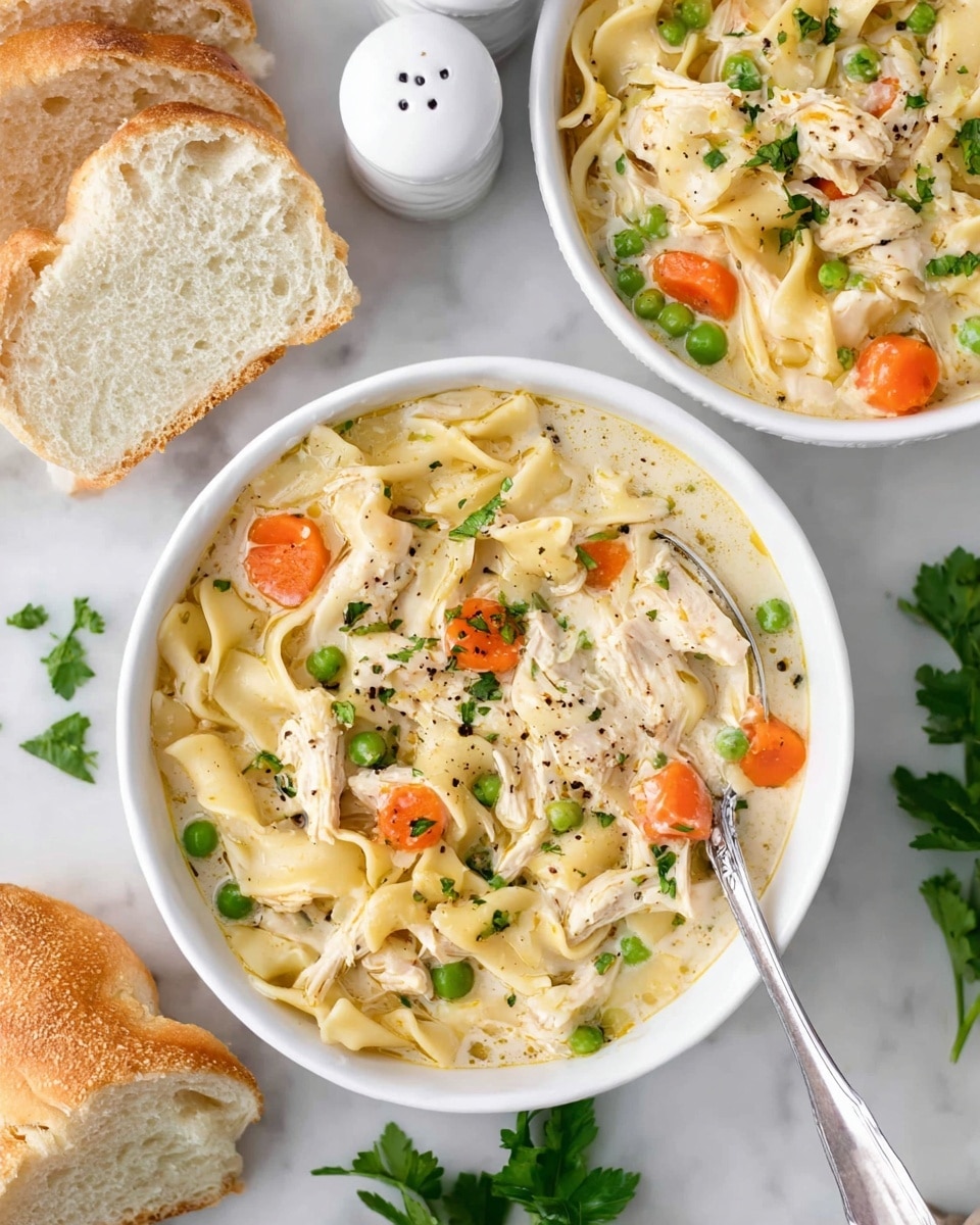 The image shows two white bowls filled with a creamy chicken noodle soup that has thick, wide noodles mixed with shredded chicken, bright orange carrot chunks, and green peas. The soup is topped with small green herb pieces and sprinkled with ground black pepper. A silver spoon is partially visible inside the front bowl. Surrounding the bowls on a white marbled surface are two slices of buttered bread and green parsley leaves, with white textured salt and pepper shakers in the background. The scene has a fresh, warm, and cozy feel. photo taken with an iphone --ar 4:5 --v 7