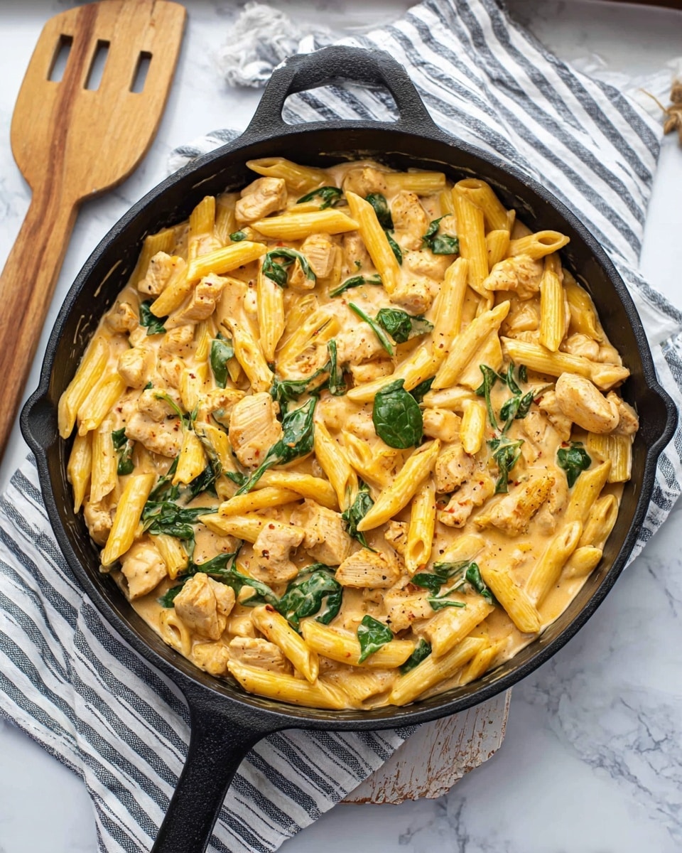 A white bowl filled with creamy penne pasta, showing one layer of yellowish tubular pasta mixed with chunks of light brown cooked chicken and dark green spinach leaves, all coated in a light orange creamy sauce with small bits of red and green vegetables; a silver fork rests inside the bowl. Next to the bowl, part of a black skillet contains more of the same pasta mixture on a white marbled surface with a gray striped cloth underneath. Nearby, two white salt and pepper shakers and fresh green spinach leaves are placed. Photo taken with an iphone --ar 4:5 --v 7