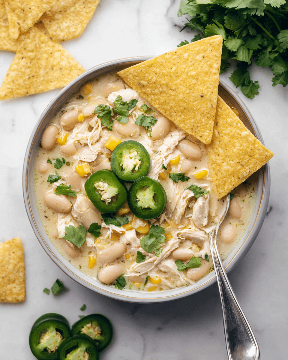 A bowl filled with creamy chicken soup layered with shredded white chicken, light beige beans, and small yellow corn pieces mixed in a pale creamy broth; on top, three round slices of bright green jalapeño peppers and fresh vibrant green cilantro leaves create a fresh garnish; two large, triangular pale yellow tortilla chips are placed on the right side inside the bowl, sticking out above the soup; a silver spoon rests inside the bowl on the right side; the bowl sits on a white marbled surface with a small bunch of green cilantro on the top left and some tortilla chips scattered around; a few jalapeño slices are also placed near the top center. photo taken with an iphone --ar 4:5 --v 7