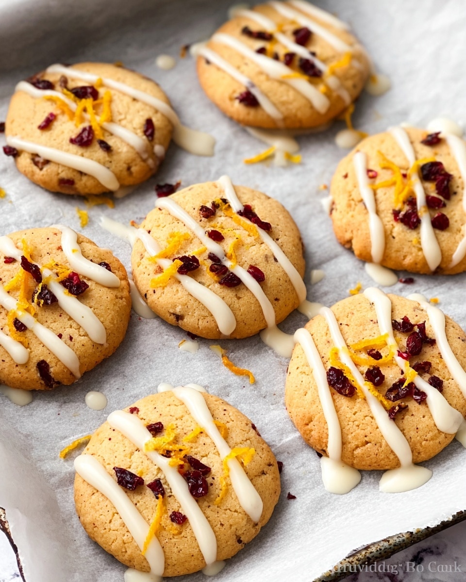 Seven round cookies with a light golden brown color and a slightly rough texture lie on white parchment paper on a baking tray. Each cookie has three thick, uneven white icing stripes drizzled across the top and is sprinkled with small, dark red dried fruit pieces and thin strips of yellow orange zest. The icing shows some drip marks on the parchment paper beneath the cookies, adding to the fresh, homemade look. The background features a white marbled texture. photo taken with an iphone --ar 4:5 --v 7