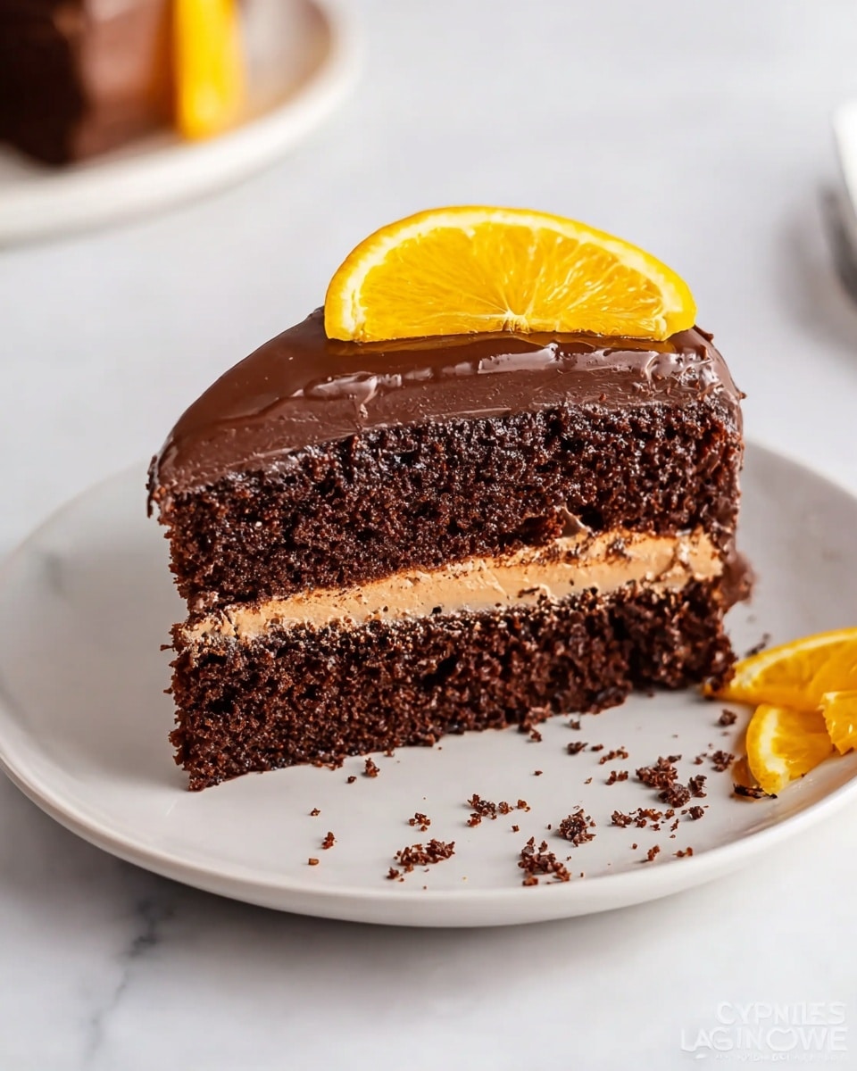 A slice of two-layer dark chocolate cake sits on a white plate placed on a white marbled surface. The cake consists of two thick, moist dark brown chocolate sponge layers with a smooth light brown creamy frosting layer in the middle. The top of the cake is covered with a shiny dark chocolate ganache that drips slightly over the edge. A single bright yellow-orange slice of orange is placed on the top corner of the cake as garnish. Scattered chocolate crumbs and orange slices can be seen on the white marbled surface around the plate. photo taken with an iphone --ar 4:5 --v 7
