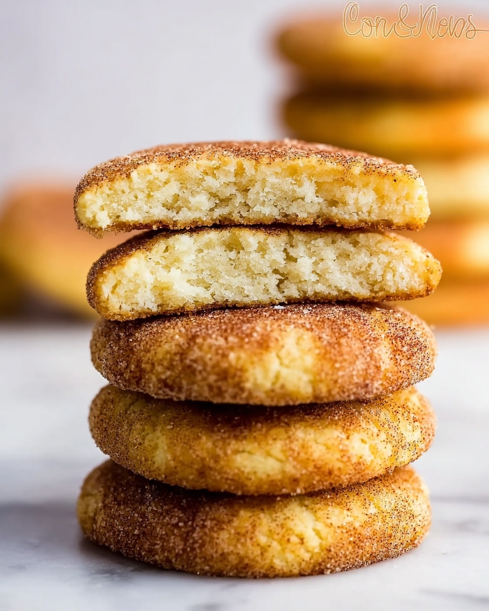 The image shows a close-up of a stack of five round cookies with a fitted sugar and cinnamon coating. The top cookie has been cut in half and placed horizontally, revealing a soft, crumbly, pale yellow inside with a slightly grainy texture. The cookies below have a rough surface with cracks and a golden-brown outside layer that looks slightly crispy. The background is a white marbled surface with a softly blurred stack of more cookies in the distance. photo taken with an iphone --ar 4:5 --v 7