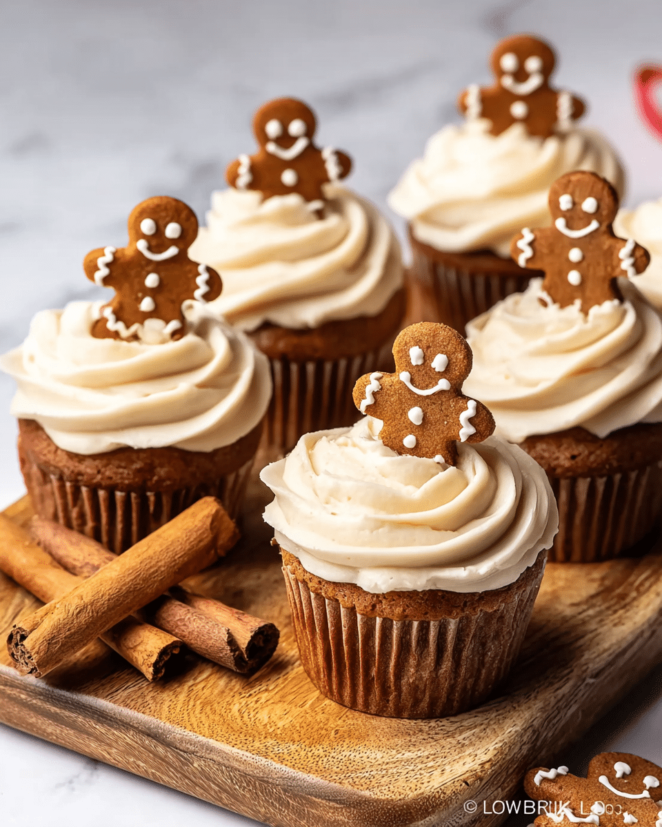 The image shows five cupcakes placed on a wooden board with a white marbled background. Each cupcake has a brown base with a smooth, swirled layer of light cream-colored frosting on top. A small gingerbread man cookie decorated with white icing is inserted into the frosting layer of each cupcake. One gingerbread cookie lies flat on the white marbled background next to the wooden board. Two cinnamon sticks rest near the edge of the board. The lighting highlights the textures of the frosting, cookies, and cupcake base clearly. photo taken with an iphone --ar 4:5 --v 7