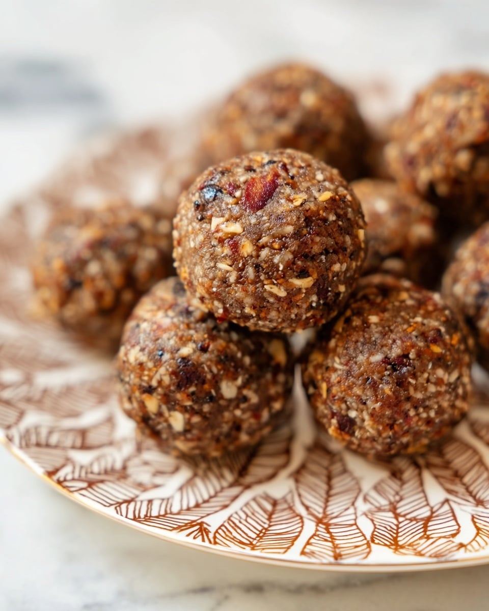 A close-up view of several small, round energy balls arranged on a white plate with a detailed brown leaf and geometric pattern. Each ball is textured with visible small chunks of nuts, seeds, and dark bits, creating a rough, uneven surface with shades of brown and hints of lighter tan and red pieces throughout. The energy balls are closely grouped, with one ball in sharp focus at the center and the others softly blurred in the background. The plate rests on a surface with a white marbled texture, adding a clean and bright contrast to the warm tones of the energy balls. photo taken with an iphone --ar 4:5 --v 7