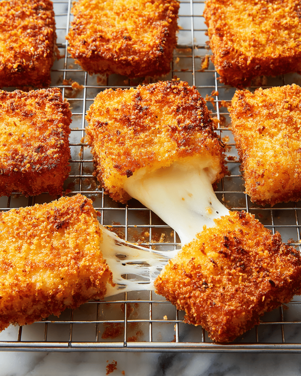 Six square-shaped pieces of golden brown fried cheese with a thick, crispy, rough-textured breaded crust are placed on a metal cooling rack over a white marbled surface. One piece near the center is pulled apart in the middle, showing white, stretchy melted cheese inside with shiny, gooey texture stretching between the two halves. The crust has a mix of darker and lighter golden hues, indicating a crunchy fry, and some small browned crumbs around the edges and on the rack. photo taken with an iphone --ar 4:5 --v 7