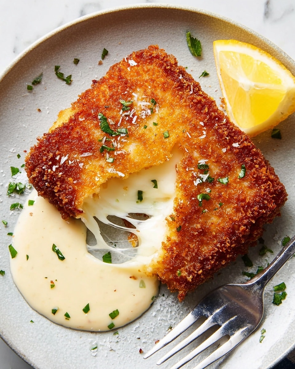 A single square-shaped deep golden brown crispy fried cheese cutlet is placed on a white plate with a rough light gray texture. The cutlet is broken open in the middle, showing a stretchy, gooey white melted cheese layer inside. Small green herb pieces and coarse salt flakes are sprinkled on top of the cutlet. Next to the cutlet on the plate is a light tan creamy dipping sauce and a lemon wedge with a bright yellow inside and pale yellow rind. A silver fork rests near the bottom of the plate. The background shows a white marbled texture. Photo taken with an iphone --ar 4:5 --v 7