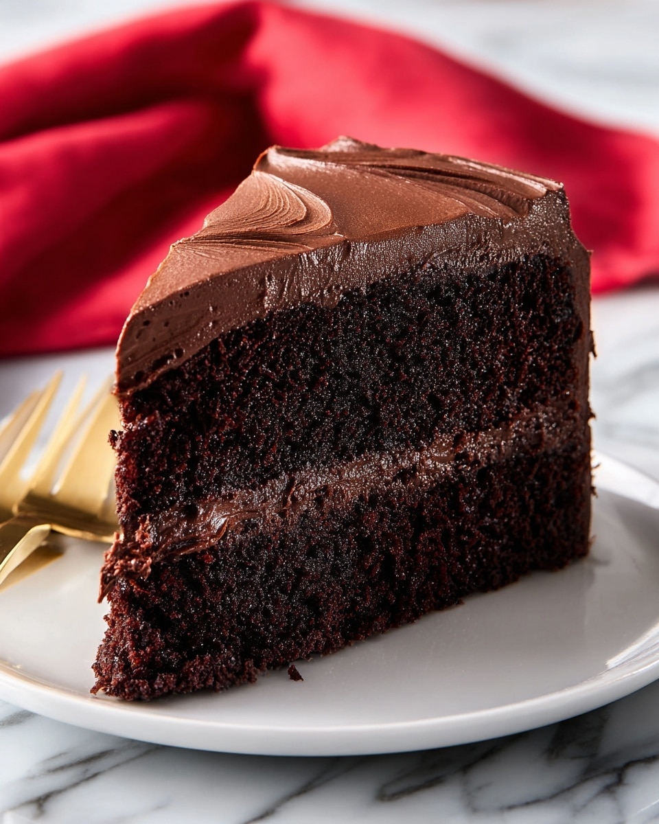 A close-up of a two-layer dark chocolate cake slice on a white plate, each layer thick and moist with a deep brown color. Between the cake layers is a smooth, rich chocolate frosting that also covers the outside of the slice in a thick, velvety layer with visible swirled texture. The cake sits on a white marbled surface, with a blurred red cloth in the background that adds contrast. The overall look is dense and indulgent, with a glossy finish on the frosting. Photo taken with an iphone --ar 4:5 --v 7