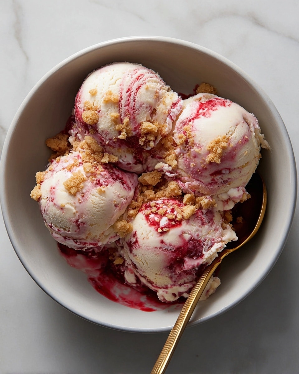 In a metal square pan filled with creamy beige ice cream, there are swirls of dark red berry sauce mixed throughout the surface. Scattered on top are broken pieces of light tan sandwich cookies with cream filling, adding a crumbly texture. An ice cream scoop with a dark gray handle is scooping a mix of the ice cream, berry sauce, and cookie crumbs from one corner. The pan is placed on a white marbled surface. photo taken with an iphone --ar 4:5 --v 7