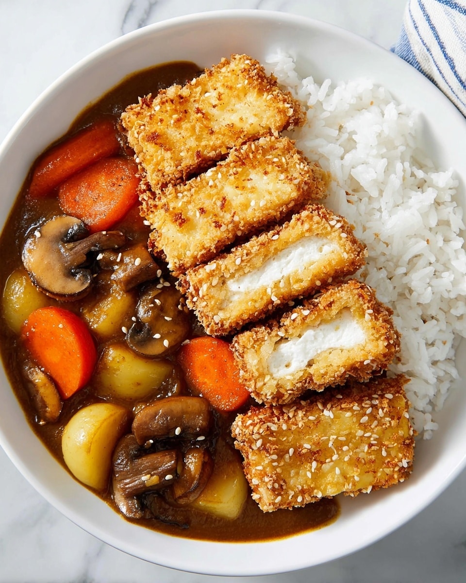 A white bowl filled with a bed of fluffy white rice on one side, topped with five thick, golden brown slices of crispy breaded tofu sprinkled with sesame seeds, arranged neatly in a row. On the other side of the bowl, there is a rich brown curry sauce containing large chunks of orange carrot, light brown mushrooms, and yellow potato pieces, all mixed together with a slightly thick texture. The bowl is placed on a white marbled surface. photo taken with an iphone --ar 4:5 --v 7