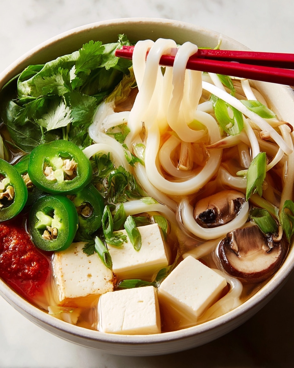 A white bowl filled with clear broth holds a layered noodle soup. At the bottom, thick white udon noodles rest in the liquid, with a pair of red chopsticks lifting some noodles in the center. To the right, off-white cubes of tofu float near small, brown, round mushrooms. Thin white onion rings are at the top right. Bright green leafy vegetables and cilantro sit at the top center. On the left side, vibrant green jalapeño slices and white bean sprouts are placed. A red sauce peeks through greens in the lower left corner, all placed on a white marbled surface. Photo taken with an iphone --ar 4:5 --v 7