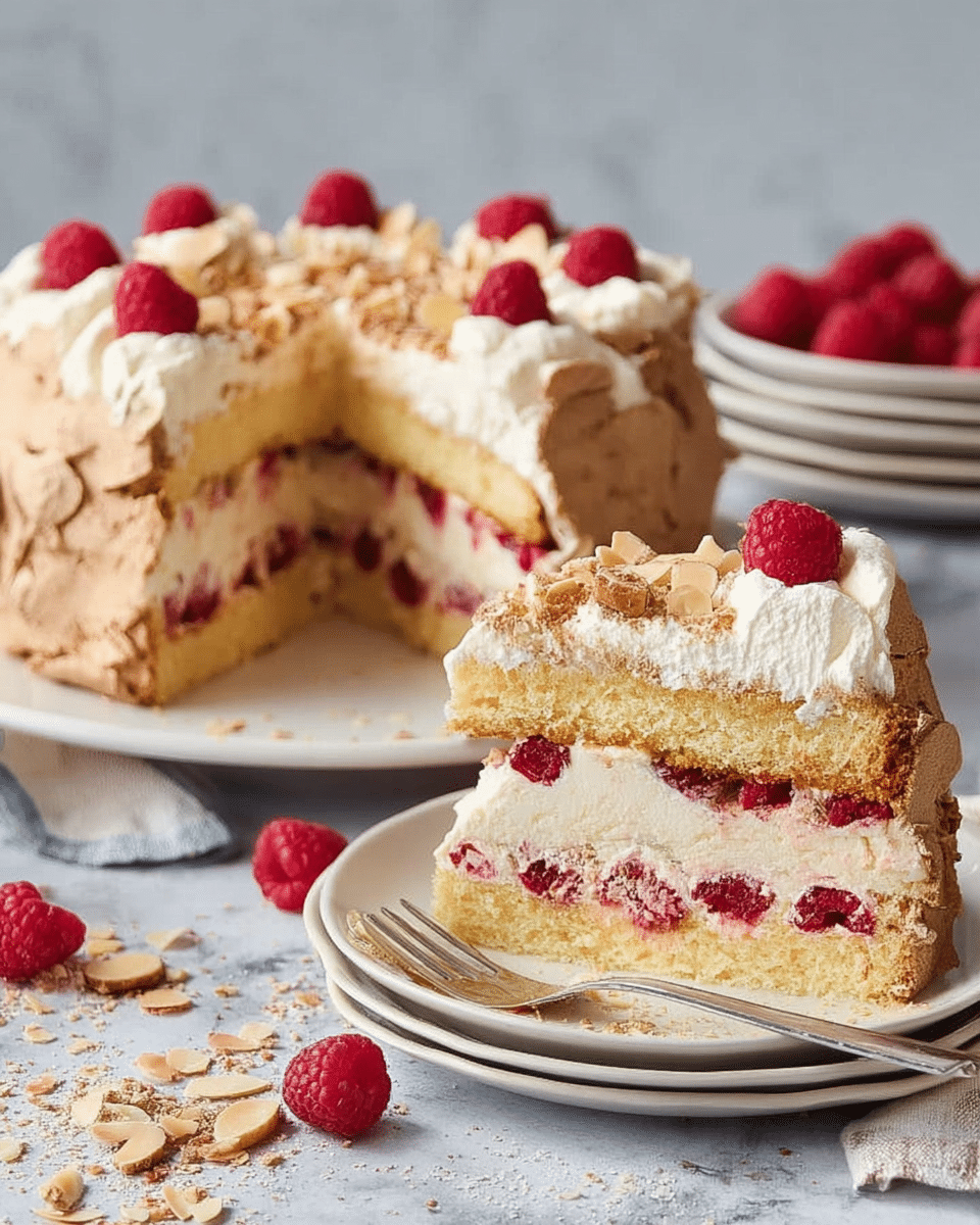 A thick, round cake on a white plate with two layers of light yellow sponge cake separated by a layer of cream and fresh red raspberries. The cake is topped with a cracked light brown meringue layer sprinkled with toasted almond slices. A slice is cut out and placed upright on several stacked white plates with a fork nearby. There are some loose raspberries and almond crumbs scattered on a white marbled surface. The cake has a rough but inviting texture, with creamy and fruity middle layers visible. Photo taken with an iphone --ar 4:5 --v 7
