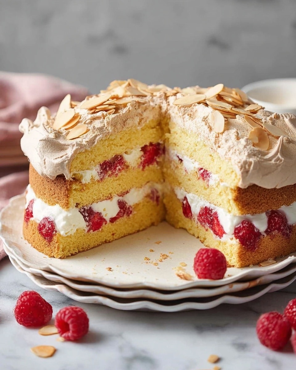 A round layered cake with three main layers sits on a white plate on a white marbled surface. The bottom layer is a golden yellow sponge cake that looks soft and fluffy. The middle layer consists of white creamy filling mixed with bright red raspberries, giving a fresh and juicy look. The top layer is a thick, light brown meringue with almond slices sprinkled over it, adding a crunchy texture. A slice cut from the cake shows all the layers clearly, and the slice is placed on a stack of white plates with scalloped edges. There are a few loose raspberries and almond slices scattered around the plate on the white marbled surface. Photo taken with an iphone --ar 4:5 --v 7